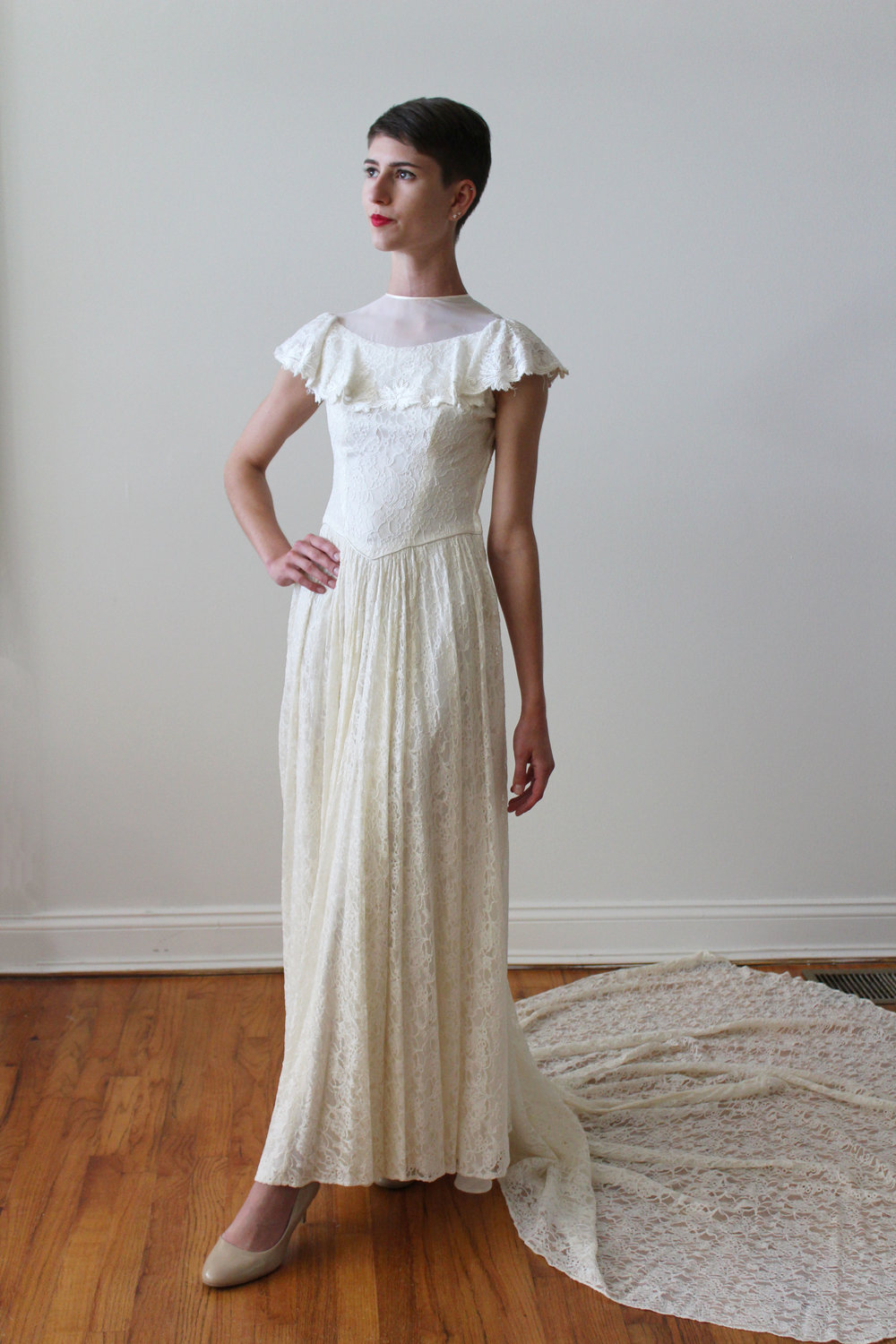 1940s Illusion Lace Wedding Dress - Sophia — Miranda's Vintage