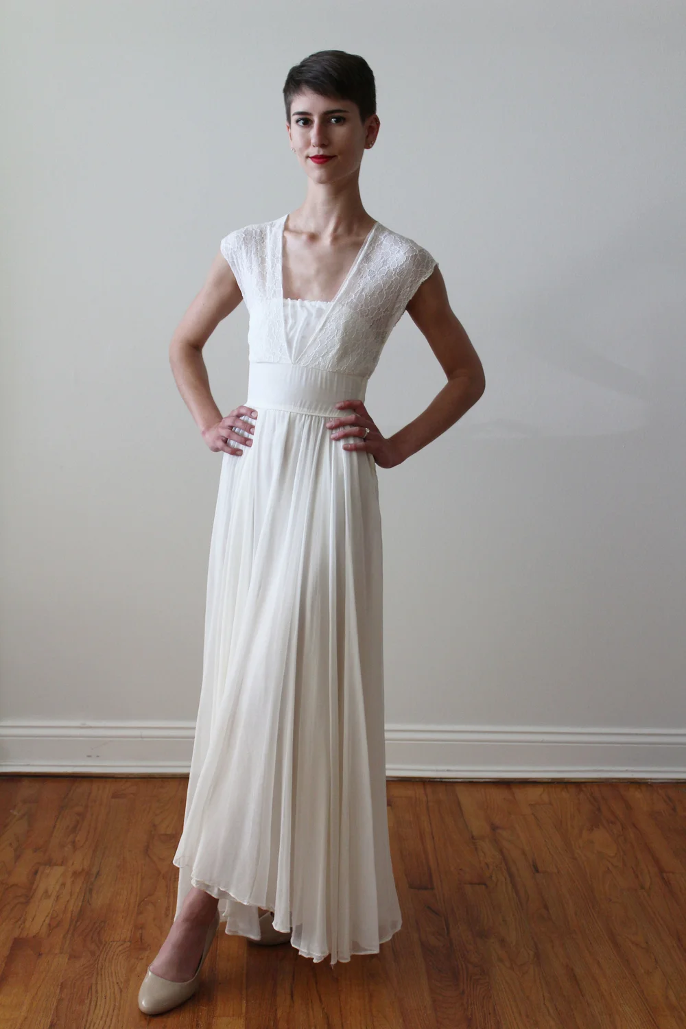vintage wedding dresses with short sleeves Vintage Satin Wedding Dresses,Tea Length Wedding Dress with Short Sleeves,WD00438, US22W / Ivory