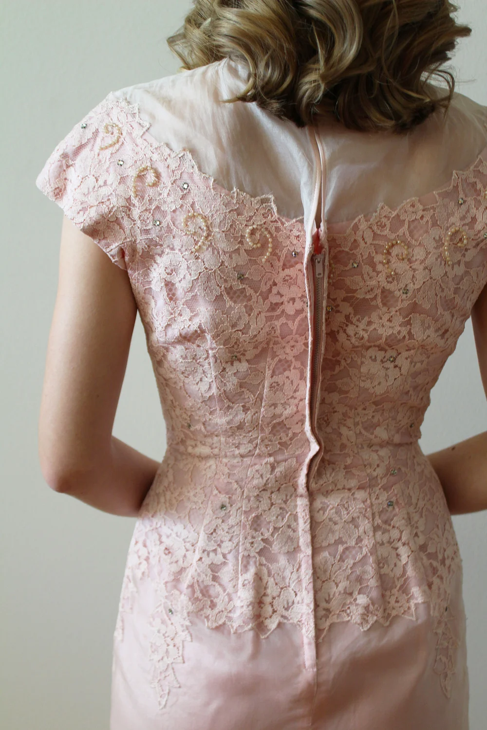 knee length dresses for ladies Vintage 1950s Cream Lace Cocktail Dress with Embellished Bodice, B34