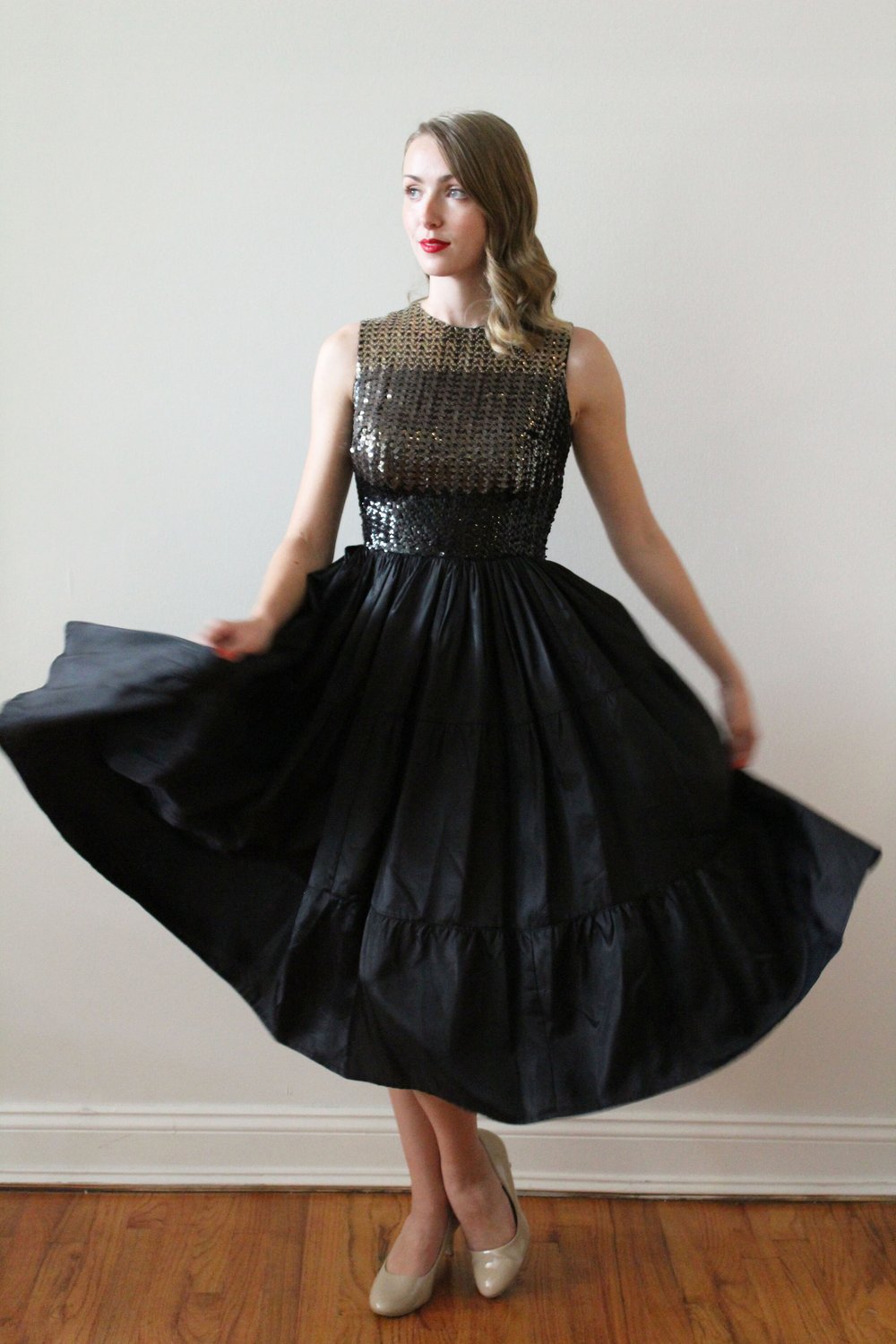 gold sequin dress with black heels Luxurious Black Gold Sequin Midi Party Dress  SheLikesBVI.com