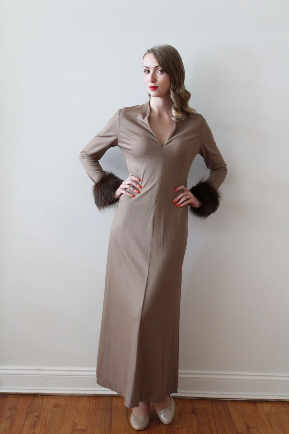 1970s Brown Party Dress with Faux Fur  Miranda's Vintage Bridal