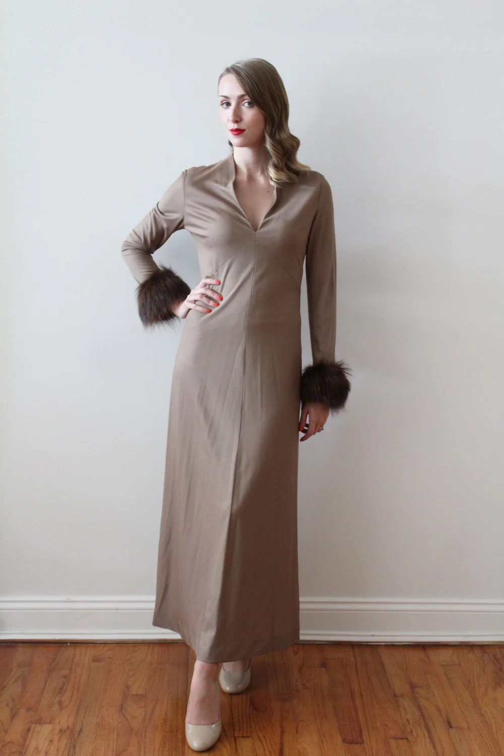 fur brown dress Miss Circle Pluma Maroon Halter Faux-Fur Trimmed Midi Dress XS main image 1