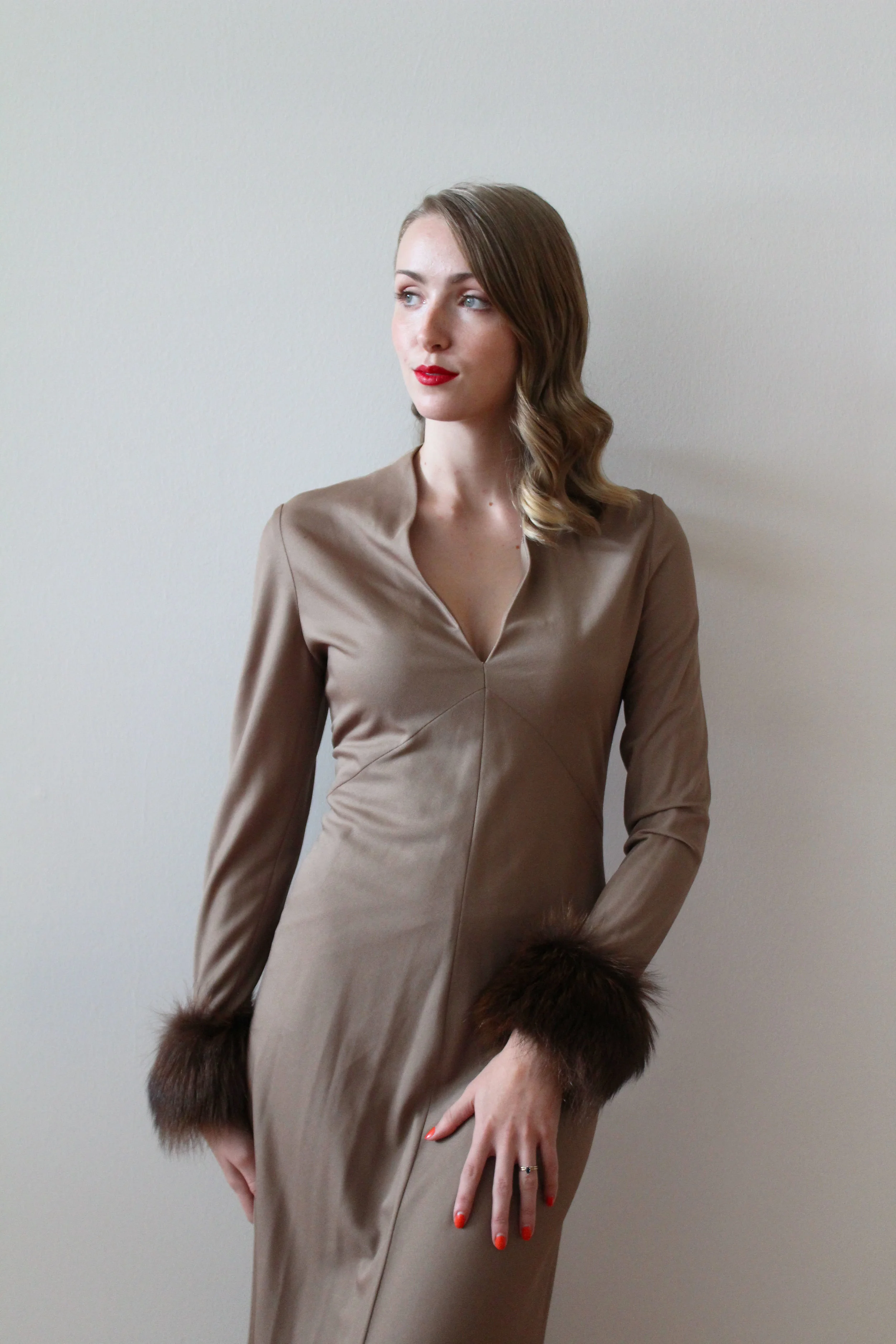 1970s Brown Party Dress with Faux Fur