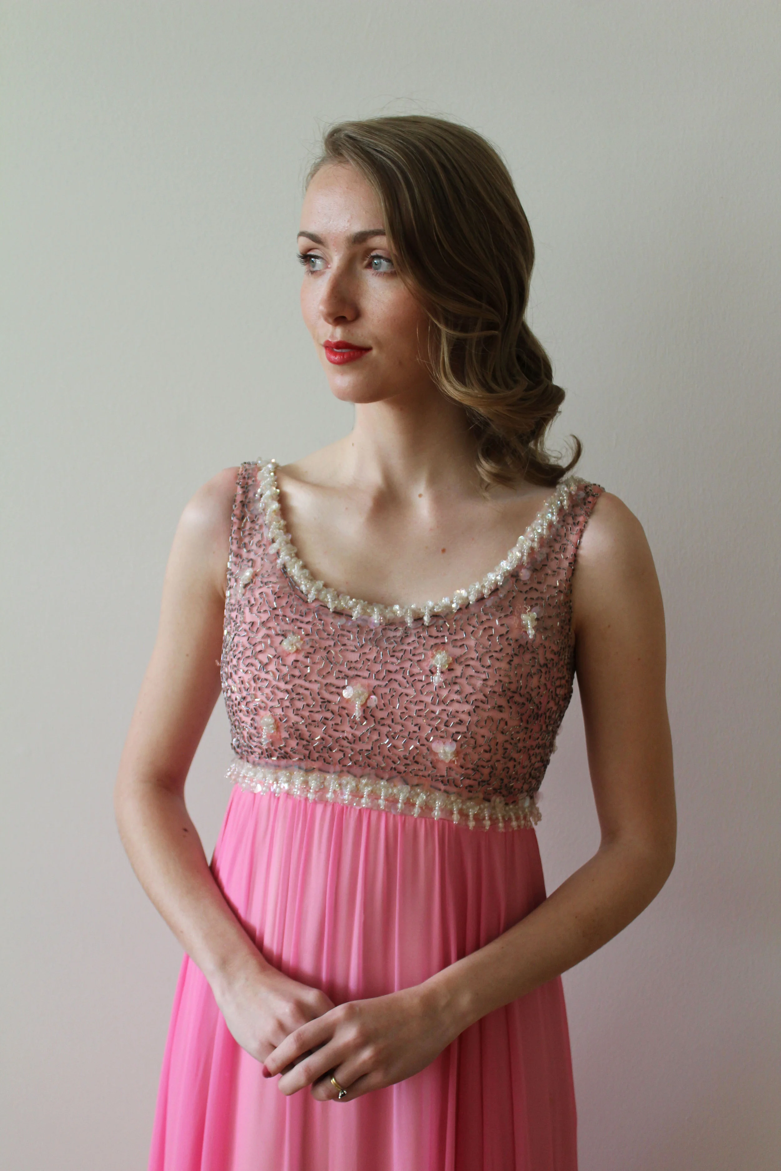1960s Pink Chiffon Party Dress with Beading
