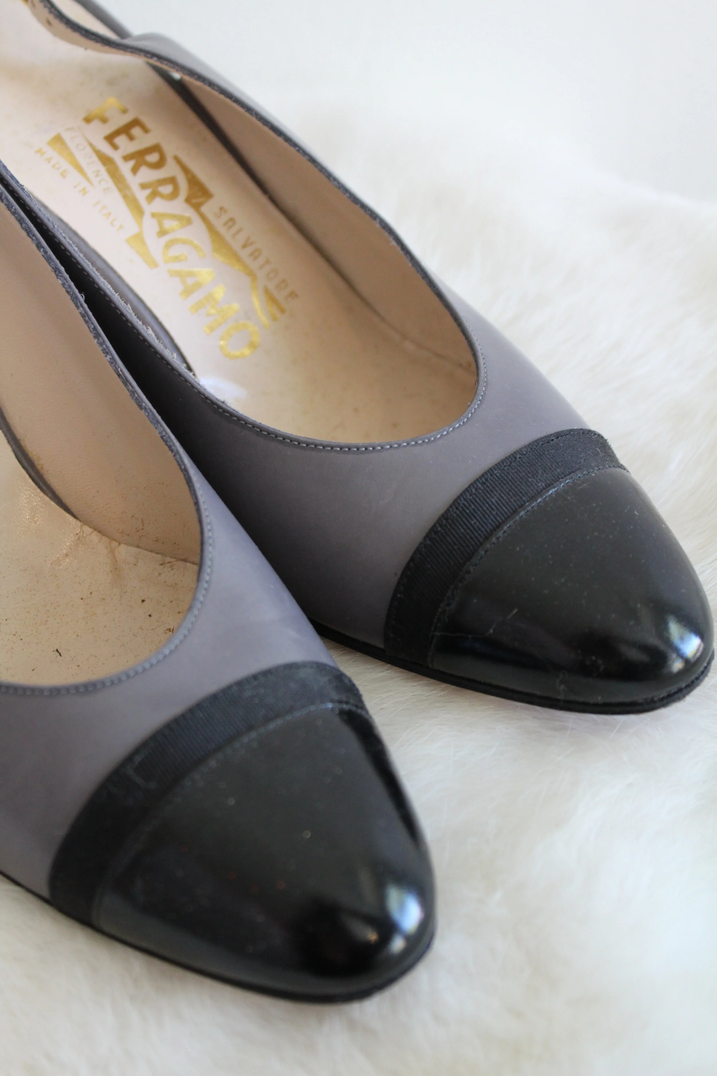 Vintage Ferragamo Gray and Black Slingback Pumps