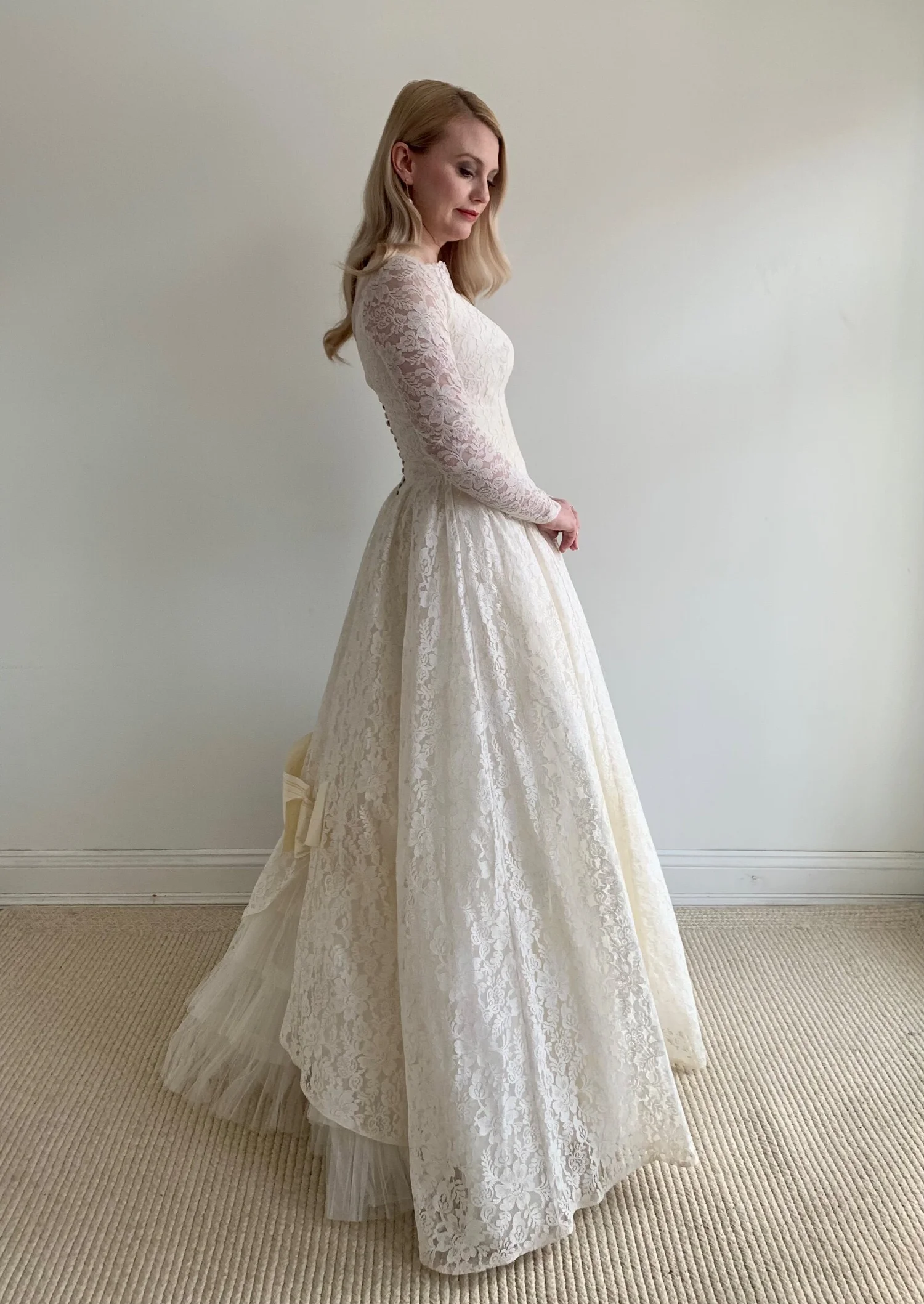 Vintage 1950s Lace Ivory Off-Shoulder Wedding Gown - Maura  Miranda's Vintage  Bridal