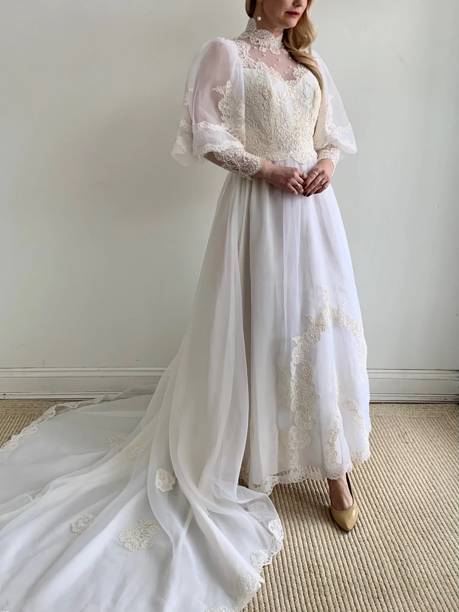 embroidered puff sleeve empire waist wedding dress 1920s Regency Style Empire Waist Lace Wedding Dress EMMA Size 4 / Ivory main image 1