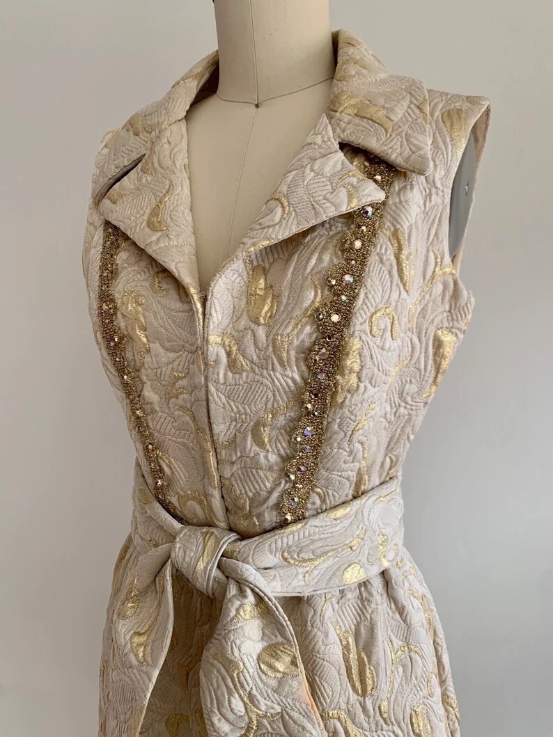 1970s Metallic Gold-Tone Brocade Party Dress