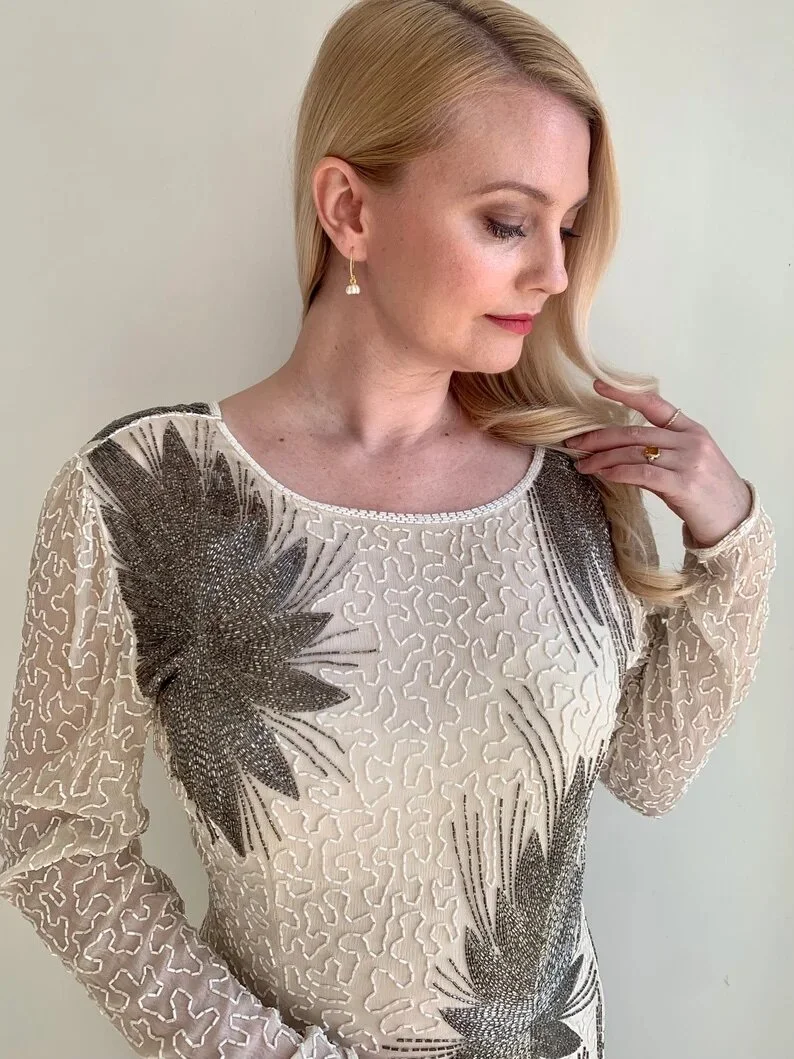 1980/90s Beaded Silk Long Sleeve Evening Dress
