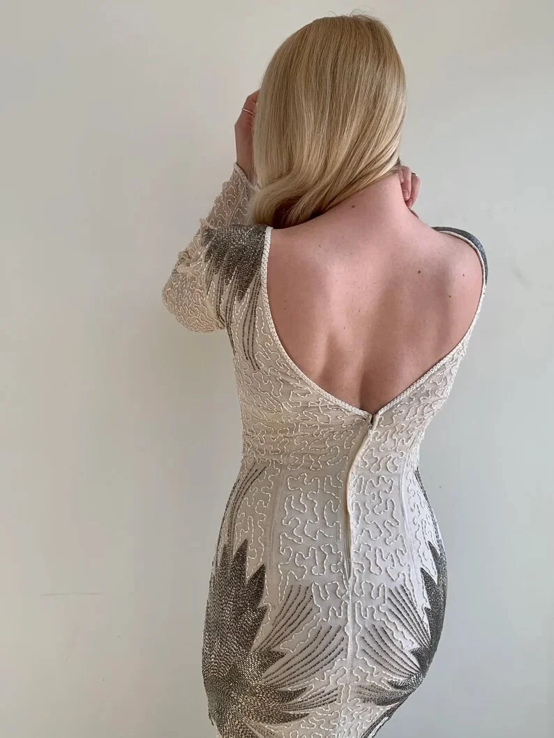 vintage silk beaded dress 70s does 40s Beaded Pearls Silk Peplum Two Piece Vintage Dress