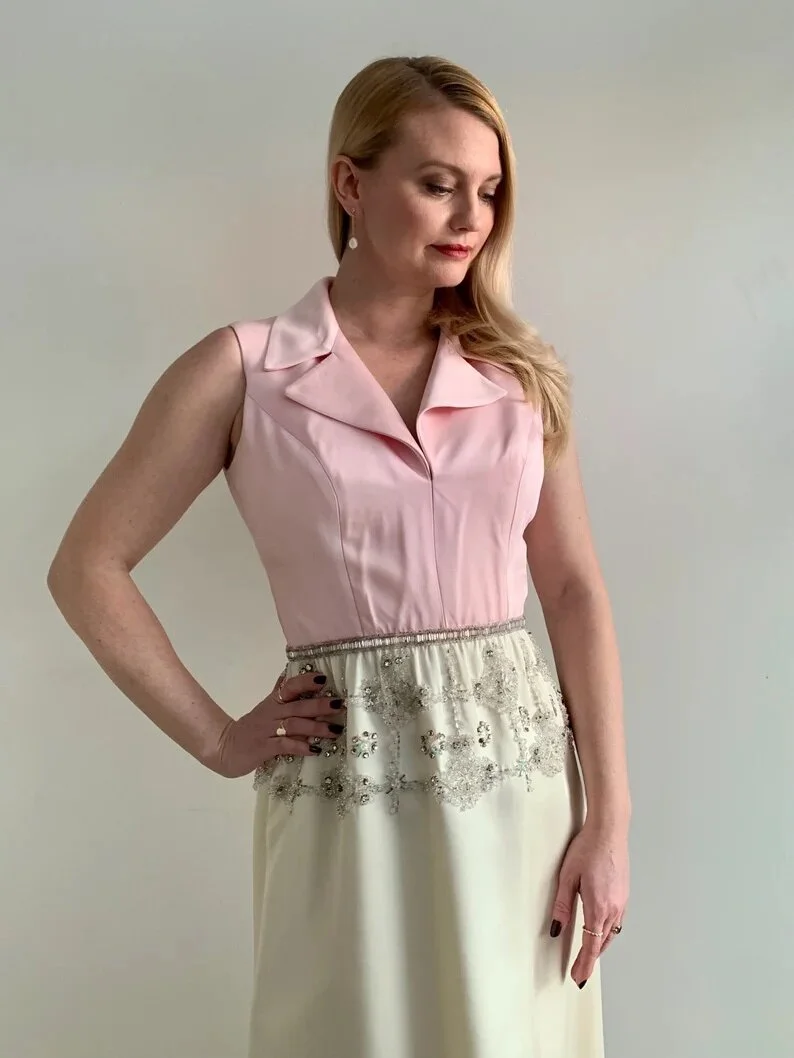 1960s Pink and Ivory Satin Party Dress