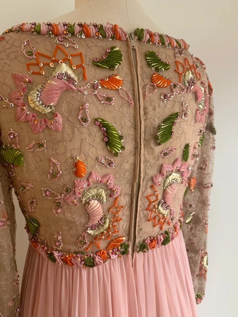 vintage pink beaded dress Vintage Pink Silk Sequin Gown  Beaded 90s Y2K Asymmetrical Dress -size  Large