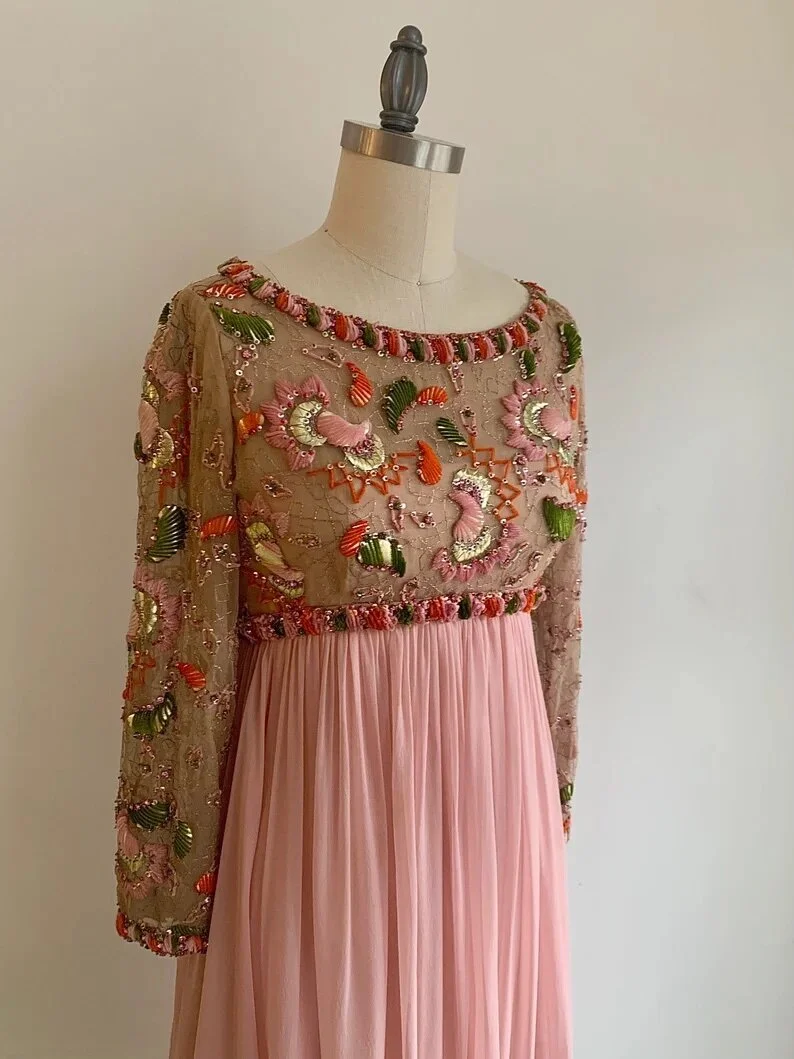 1960s Pink Silk Chiffon Beaded Party Dress