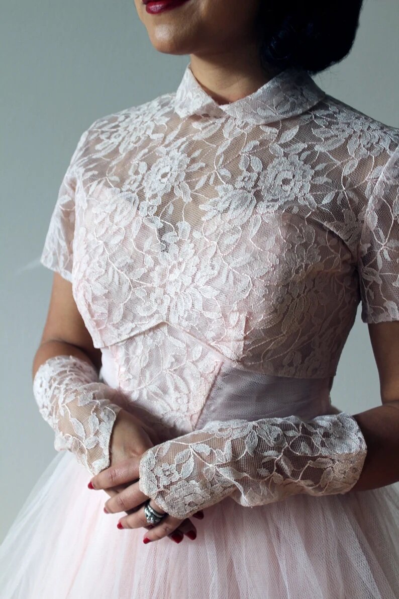 1950s Pink Lace and Tulle Dress with Jacket and Sleeve Cuffs