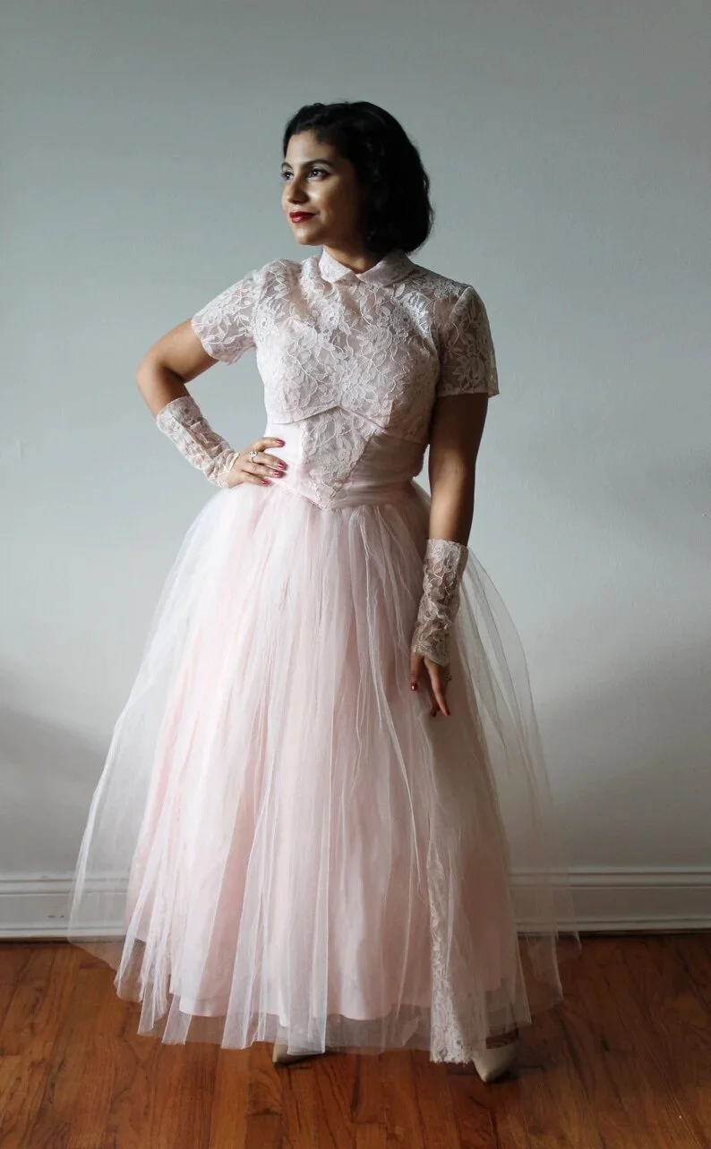 Vintage 1950s Pink Lace Dress with Jacket and Sleeve Cuffs  Miranda's  Vintage Bridal