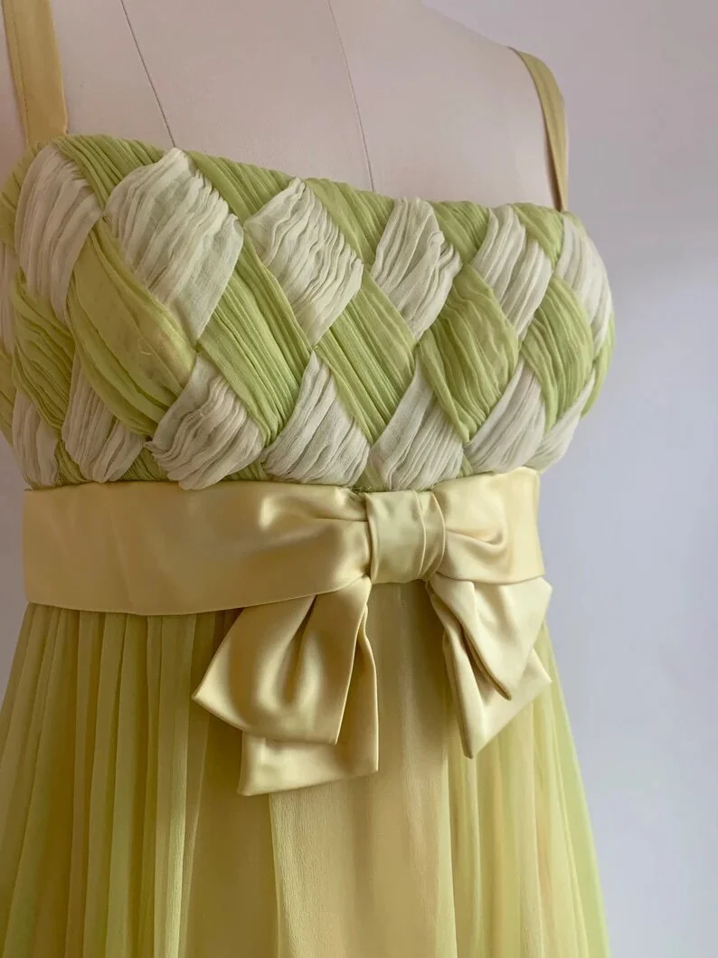 1970s Chartreuse Silk Chiffon Empire Waist Dress
