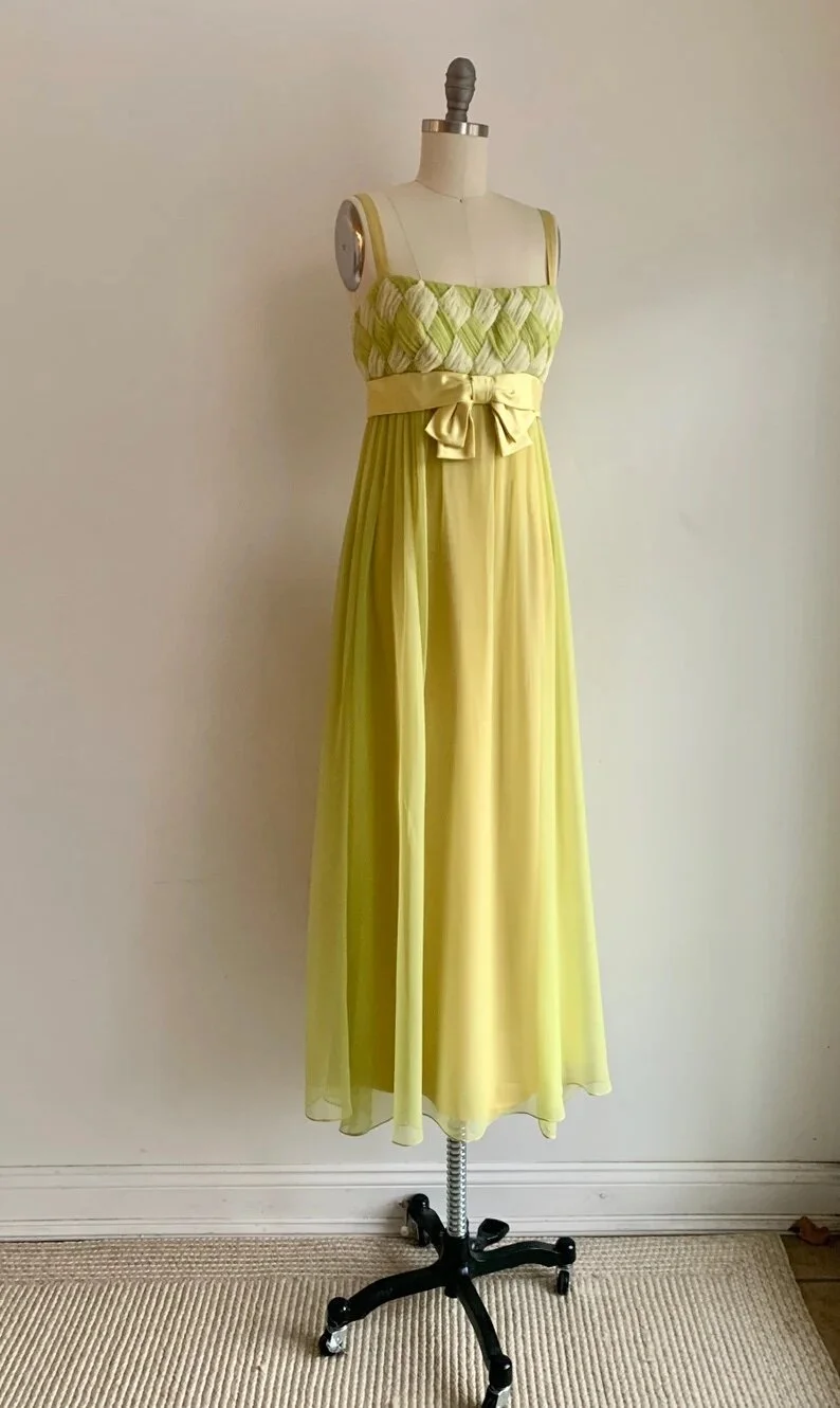 Vintage 1970s Chartreuse Silk Chiffon Empire Waist Dress  Miranda's  Vintage Bridal