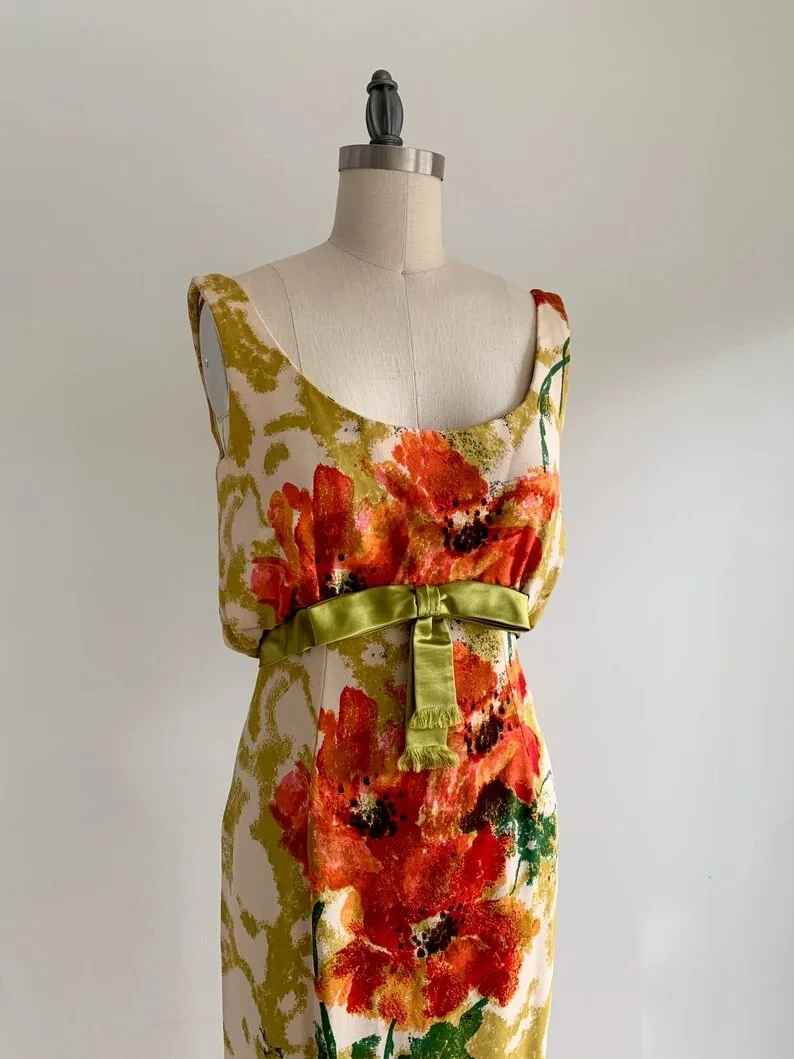 Vintage 1960s Long Green Floral Dress Vintage 1960s Long Green Floral Dress