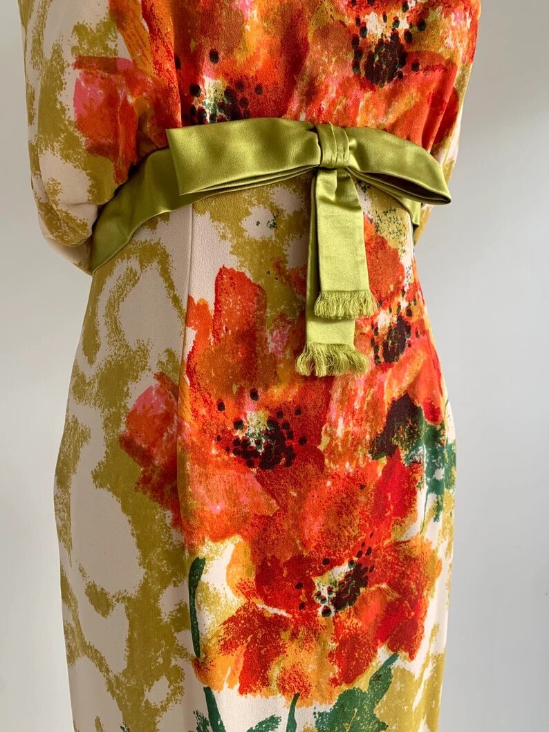 Vintage 1960s/70s Red Floral Dress with Green Bow  Miranda's Vintage Bridal
