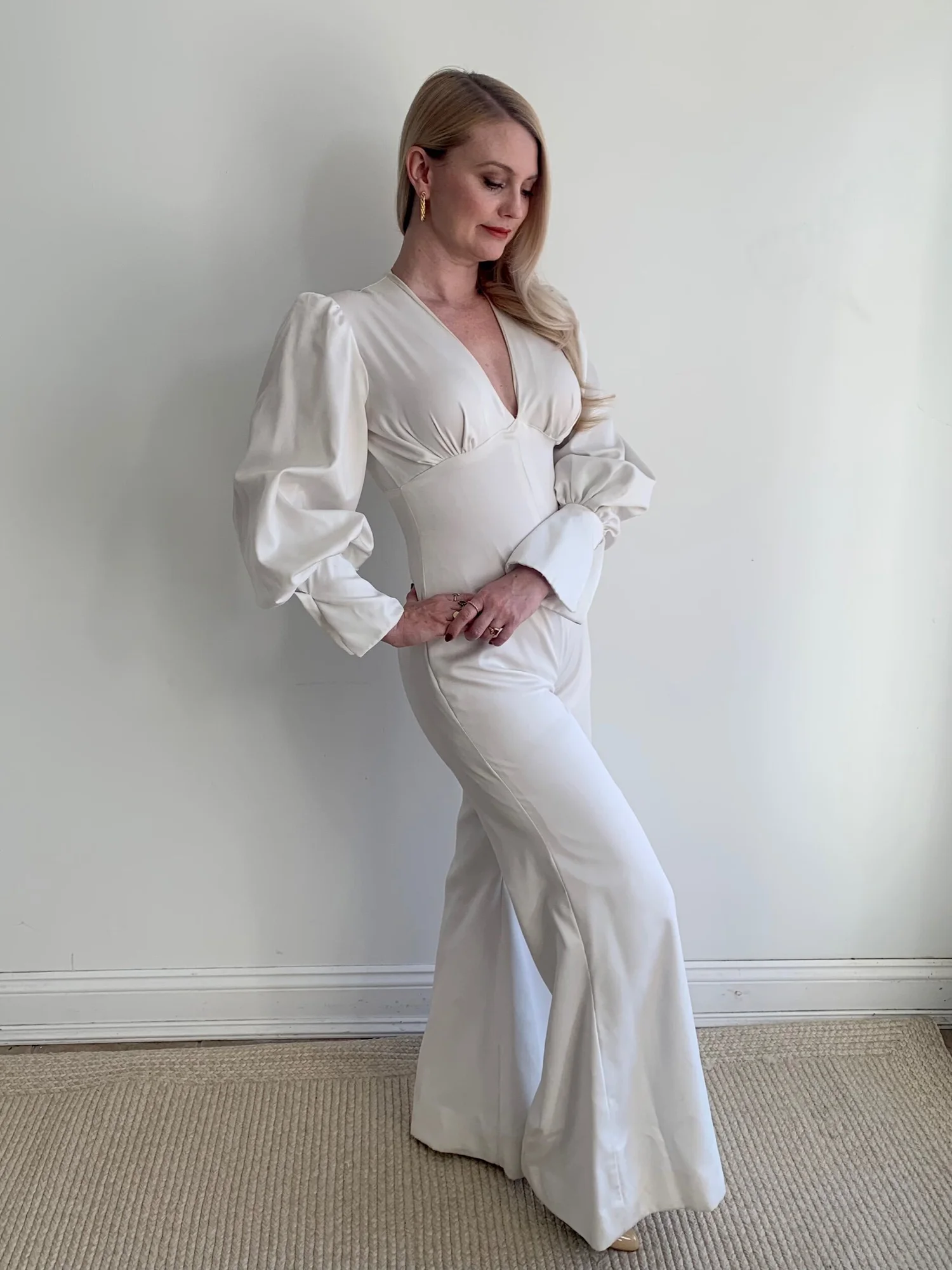 1970s Ivory Long Sleeve Bridal Jumpsuit - Serena  Miranda's Vintage Bridal