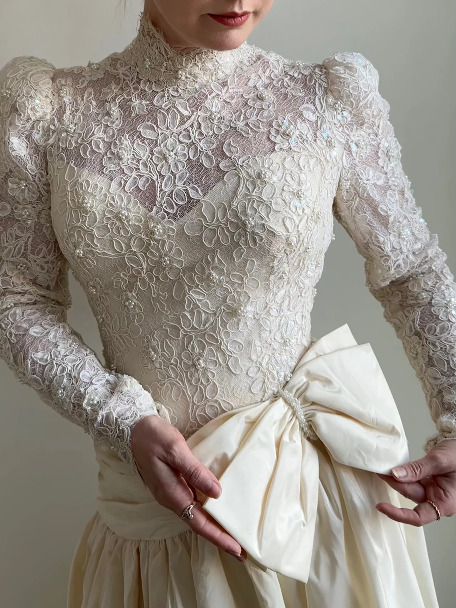 Vintage 1990s Lace Wedding Gown with Bow Detail