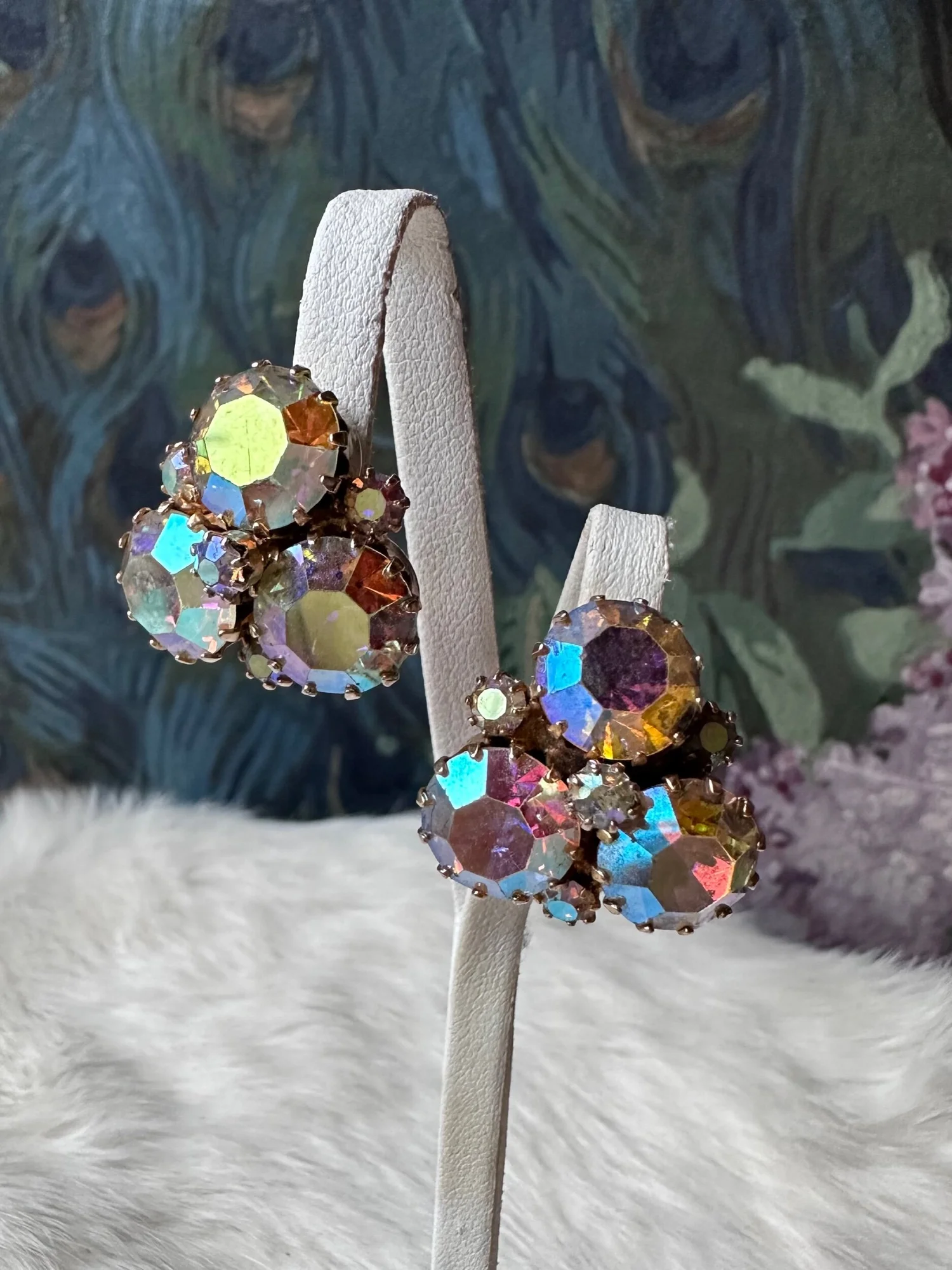 Boucles D'oreilles Vintage Années 60 à Clip - Cristaux Sur Laiton, Couleur Or Et Crème