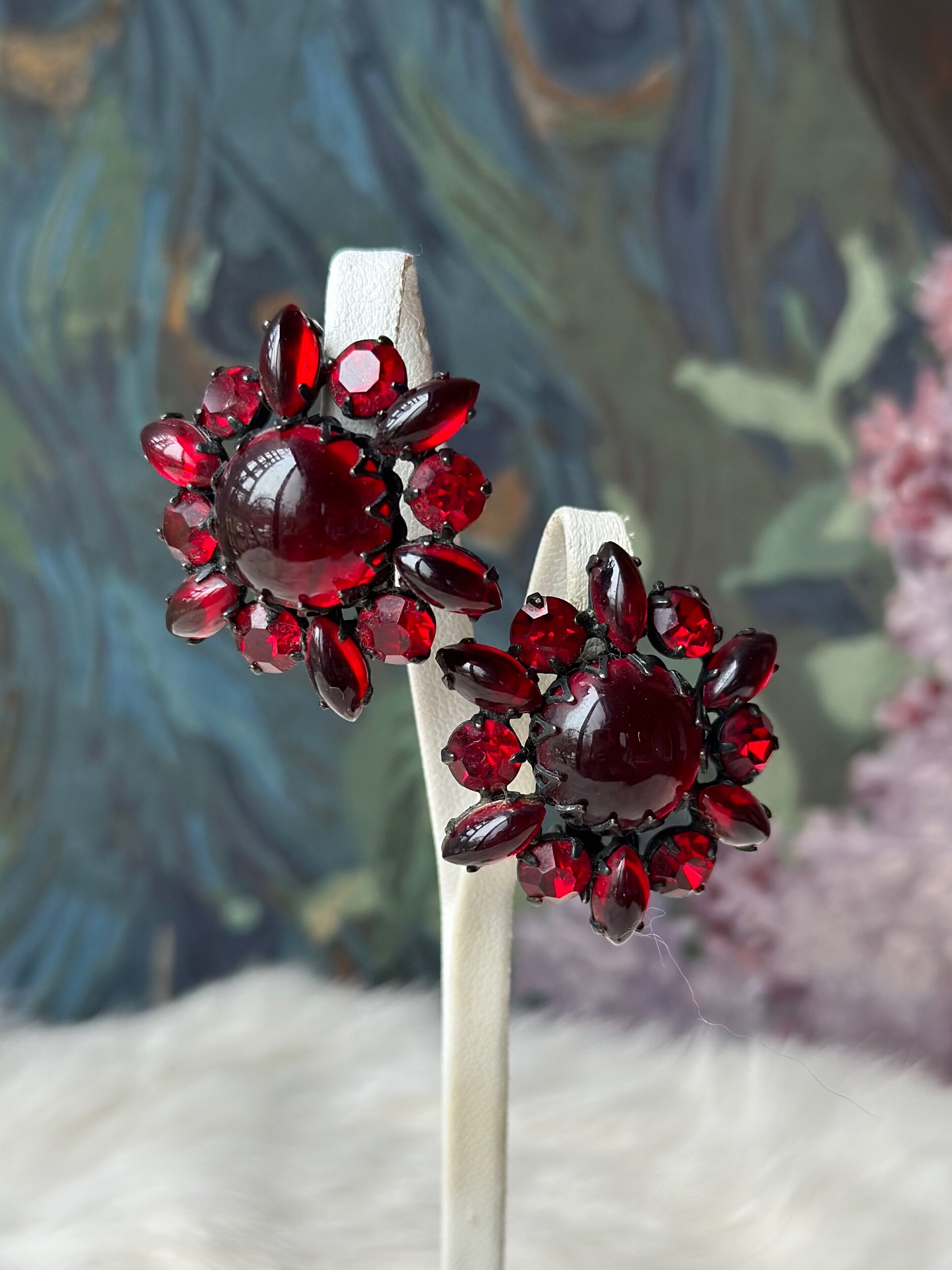 1940s Ruby Red Floral Crystal Earrings