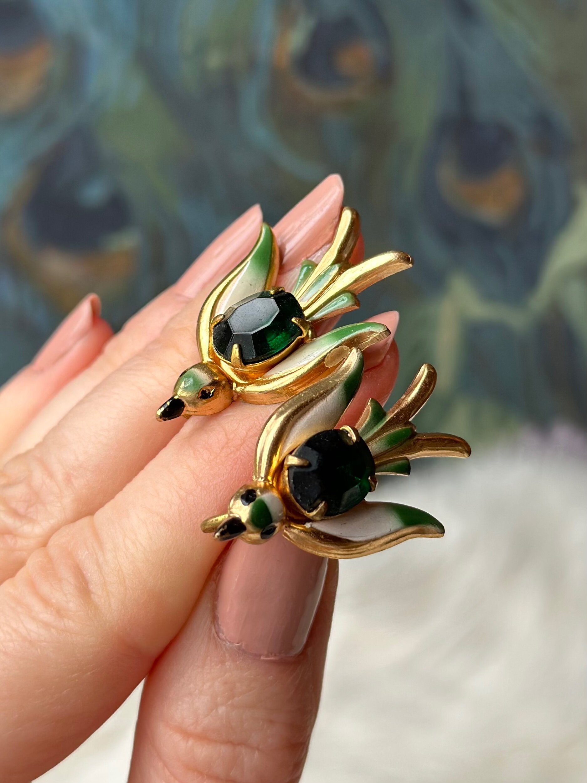 1930s-40s Coro Green and Gold Bird Earrings