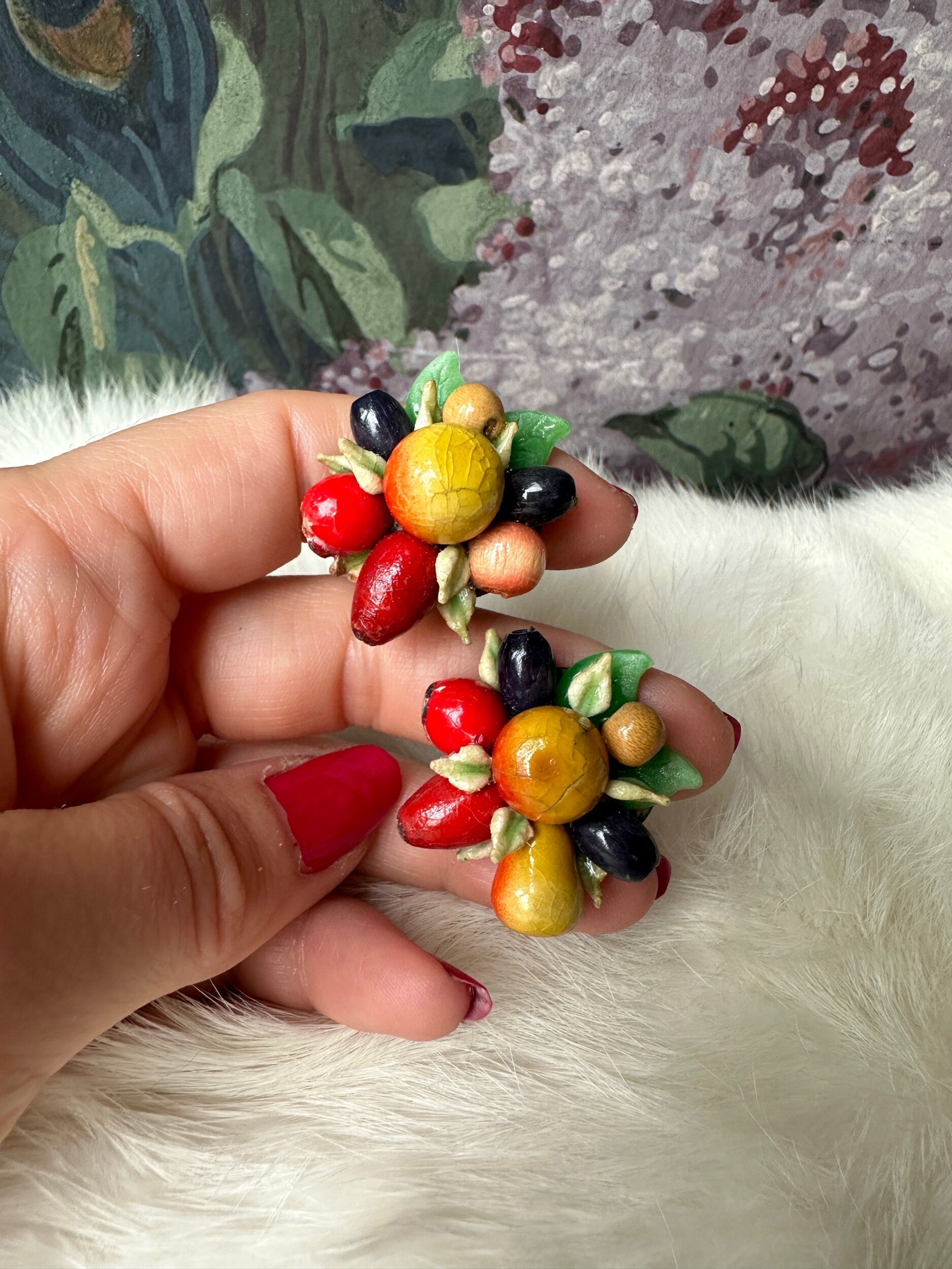 1940s Fruit Motif Beaded Earrings