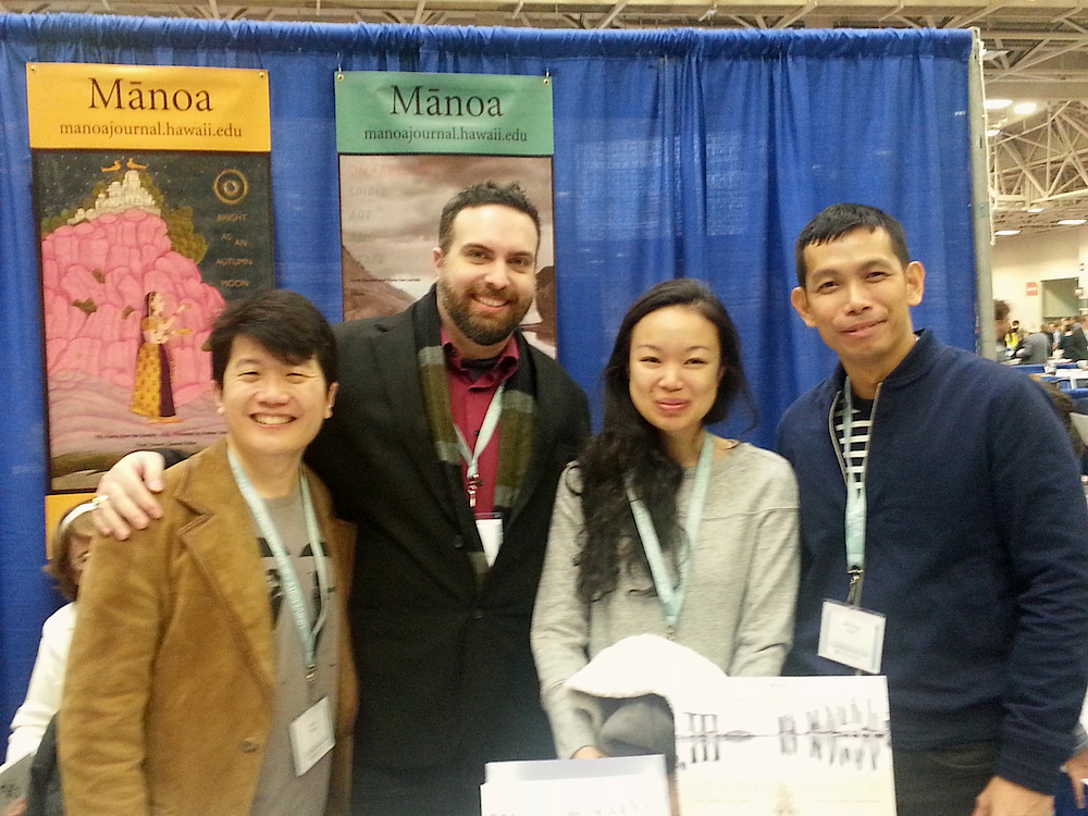 Jeremy Tiang, Jason Lundberg, Amanda Lee Koe, and Jee Leong Koh at MANOA's exhibit booth.