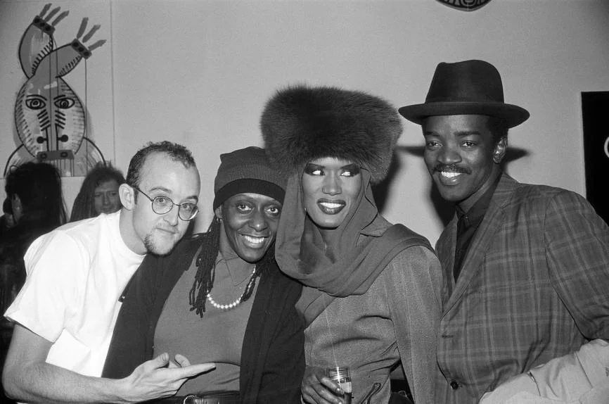 Keith Haring, Bethany Hardison, Grace Jones and Fred ‘Fab 5 Freddy’ Brathwaite at the Fun Gallery (c. 1983). The photograph is featured in Tim Lawrence’s new book ‘Life and Death on the New York Dance Floor, 1980-1983.’ ANDE WHYLAND