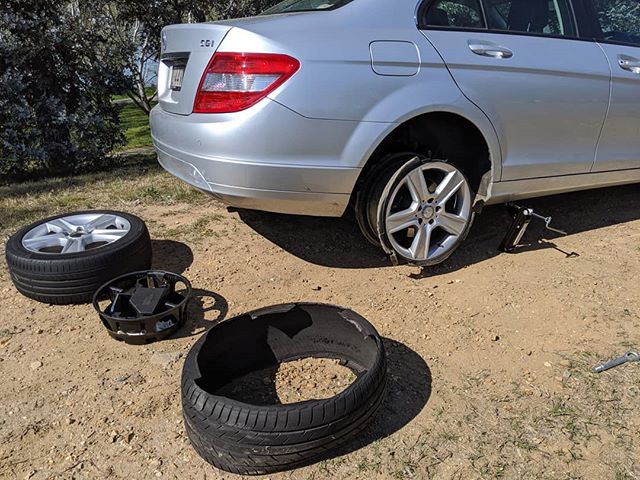 Well, this just happened on the highway. An easily changed tyre, but how I didn't ruin the rim is beyond me. The damage should have been worse.
#sparetyre #blowntyre #breakdown #mercedes