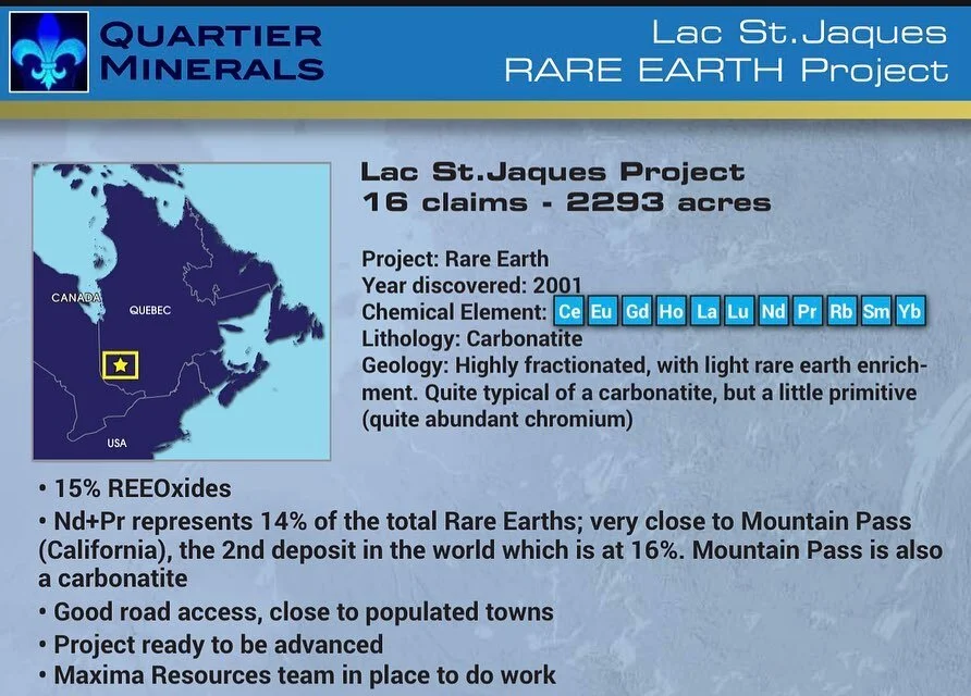 A rare earth asset by Quartier Minerals, demonstrated in a one page promotional page by Ellis Park Media. #rareearth #rarerarthexploration #mining #juniormining #juniorminingstocks #miningquebec