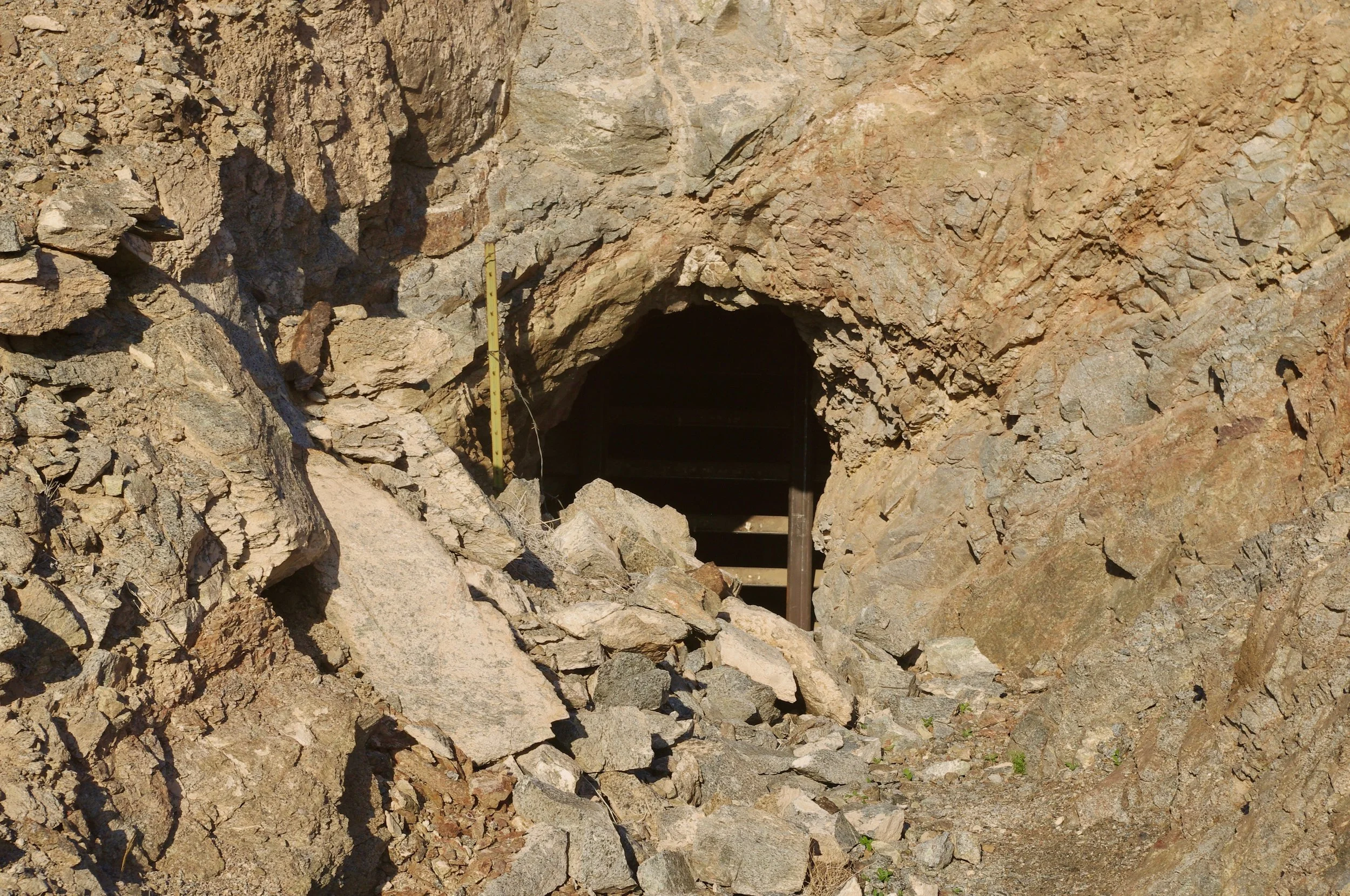 Much less often, you find a horizontal mine entrance like this one. I think I found three of them all told, although I know there is another one somewhere around American Girl because I saw a photo of it on-line. On the roads to these mine shafts, the BLM has placed signs advising us that abandoned mine shafts are dangerous. That is the reason I can tell you, with confidence, that you should be very careful around them.