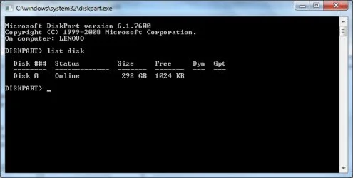 DISKPART tool in Windows Command Prompt.