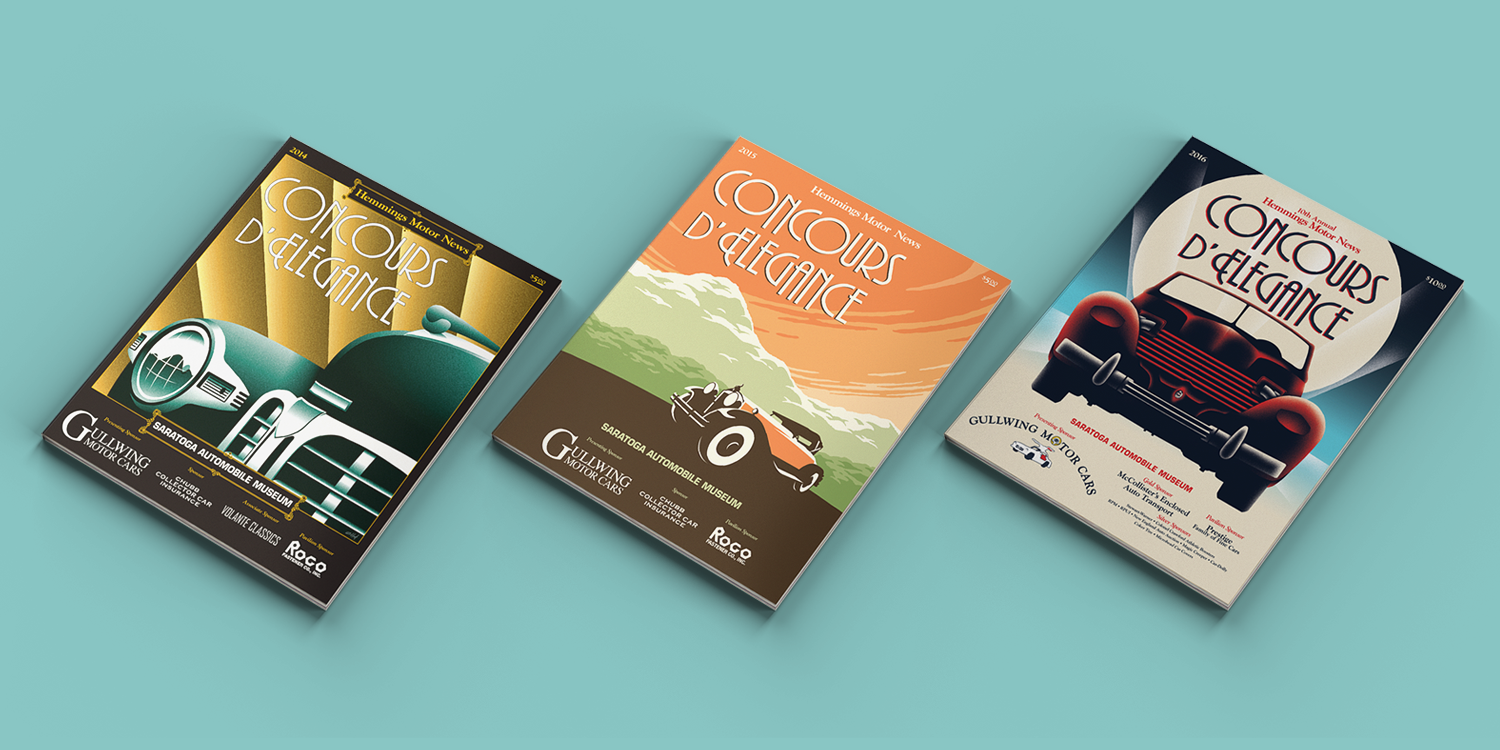 For the annual Hemmings Concours d’Elegance program, I illustrated each cover in a style reminiscent of the era in which the featured marques were produced.