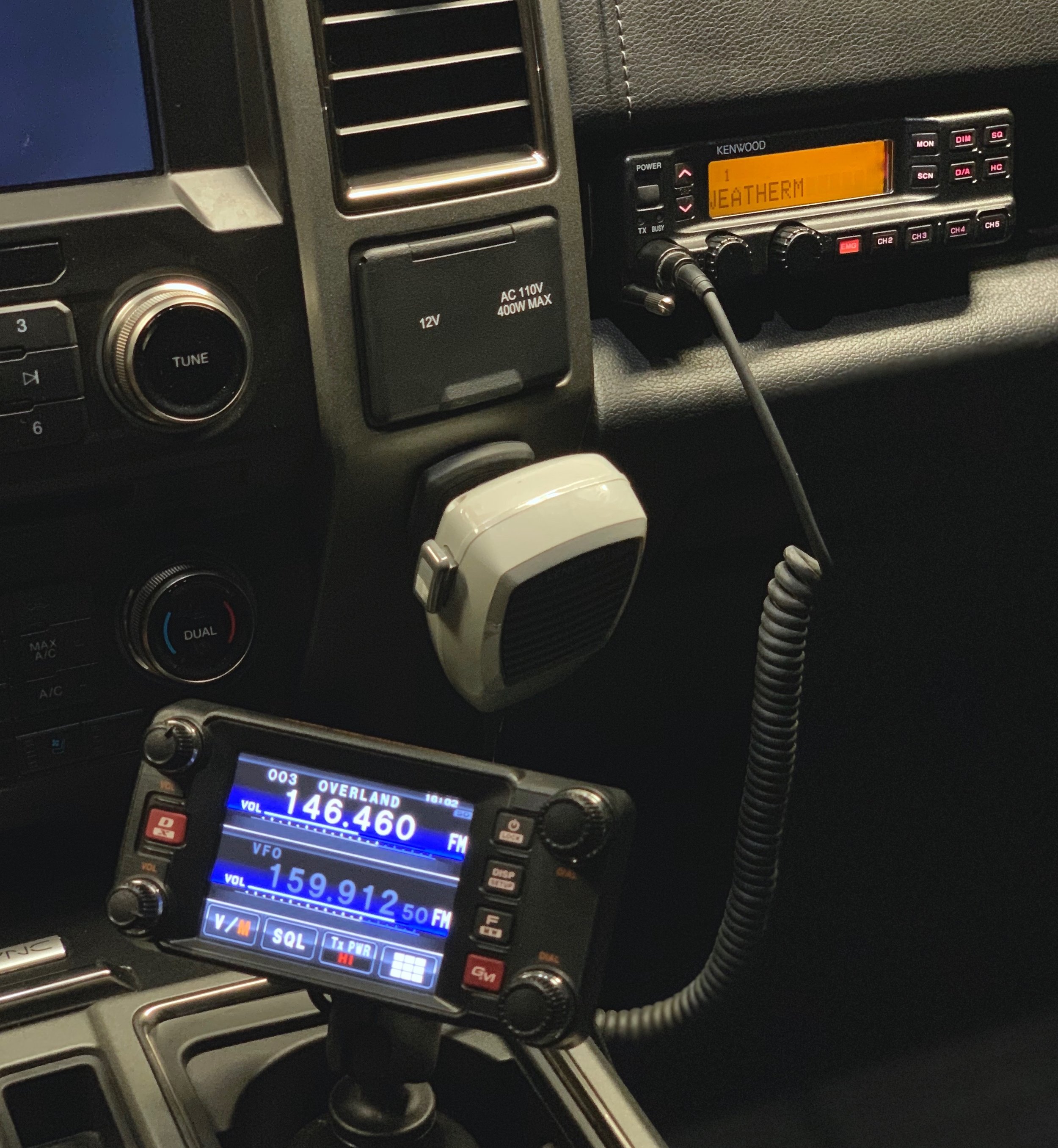 Yaesu FTM-400XDR Ham Radio with it’s touch screen display, and Kenwood TK790H VHF Race/Chase Radio.