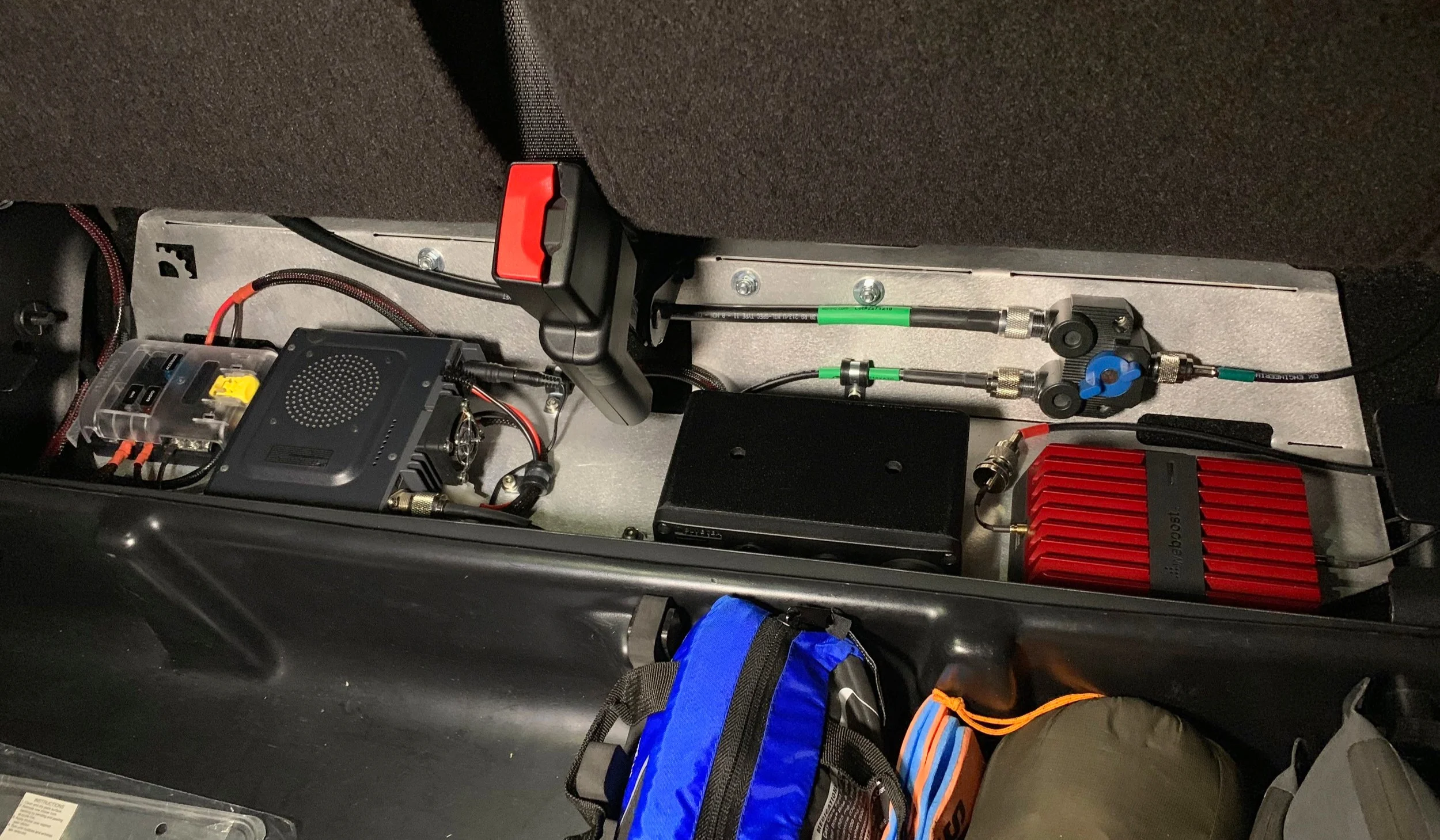 Prototype BuiltRight Industries™ panel. Note: Coax selector on the right, with Yeasu Ham radio and Blue Sea fuse panel on the left.