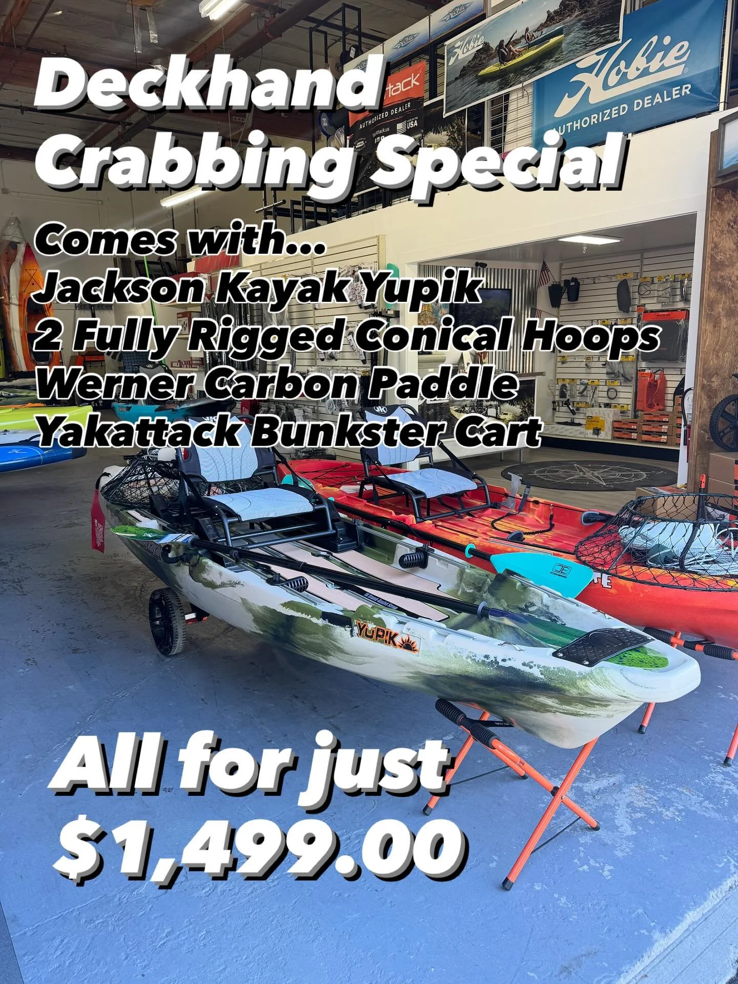 Crabbing Essentials Bundle!
Jackson Kayak Yupik
2 Conical hoops, fully rigged
Werner carbon paddle
Yakattack Bunkster cart
Valued at $2,229.00, yours for $1,499.00!
Don't miss out!
#kayakfishing #kayakcrabbing #dungeness #dungenesscrab #opener #geto