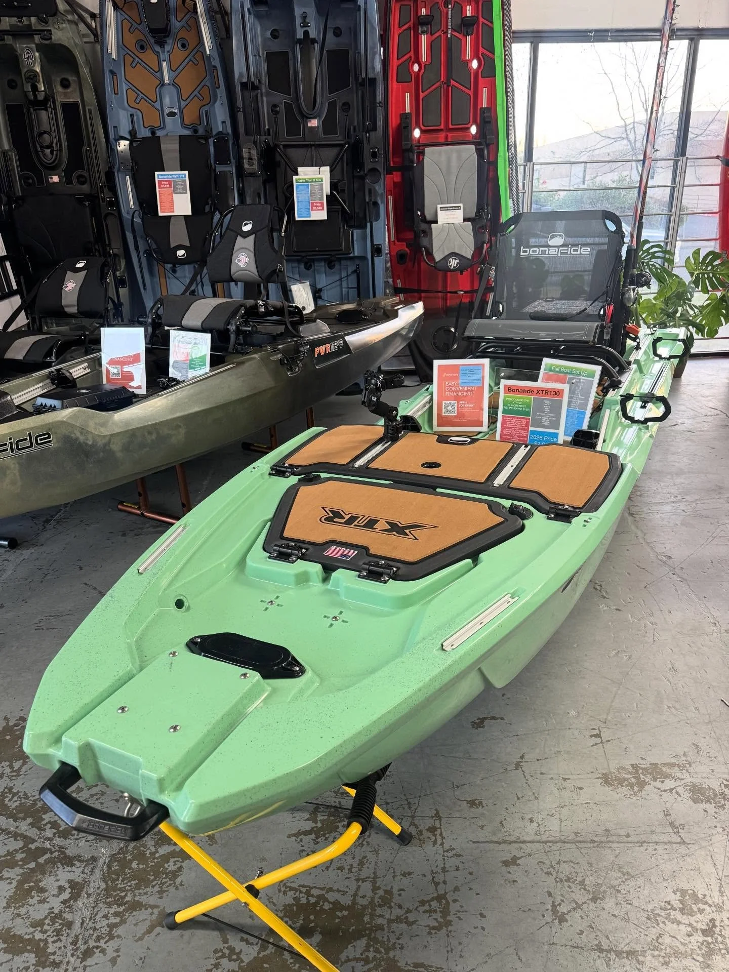 Bonafide XTR130 geared up and ready to roll. Come check it out in store! #bonafidekayaks #bonafidextr130 #kayakshop #garminforcecurrent #kayakfishing