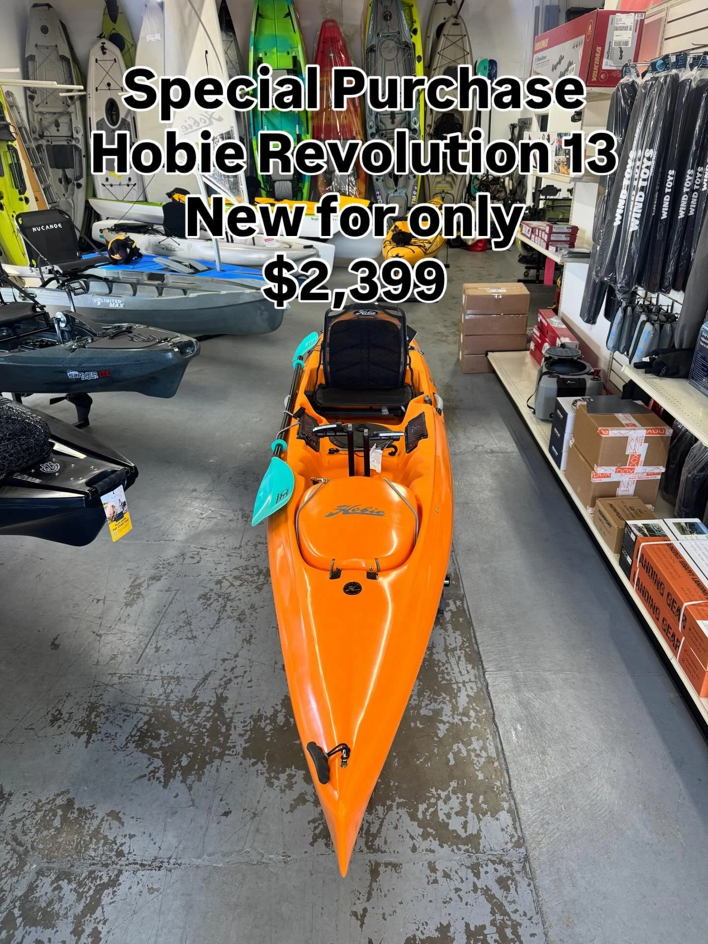 Last chance! Come grab our last special purchase Hobie Revolution 13 for only $2,399. 
Comes with&hellip; 2022 Hobie revolution hull 
Mirage drive GT Kick Up 
Vantage Seat
#hobie #hobiekayak #hobiekayaks #hobierevolution13 #kayak
