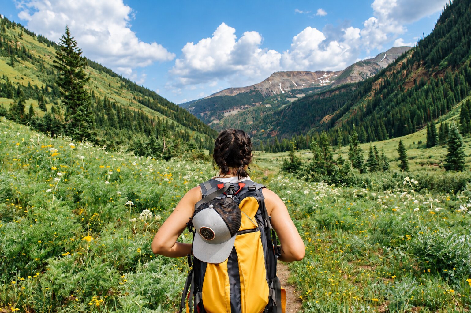 Person hiking through a mountain valley
