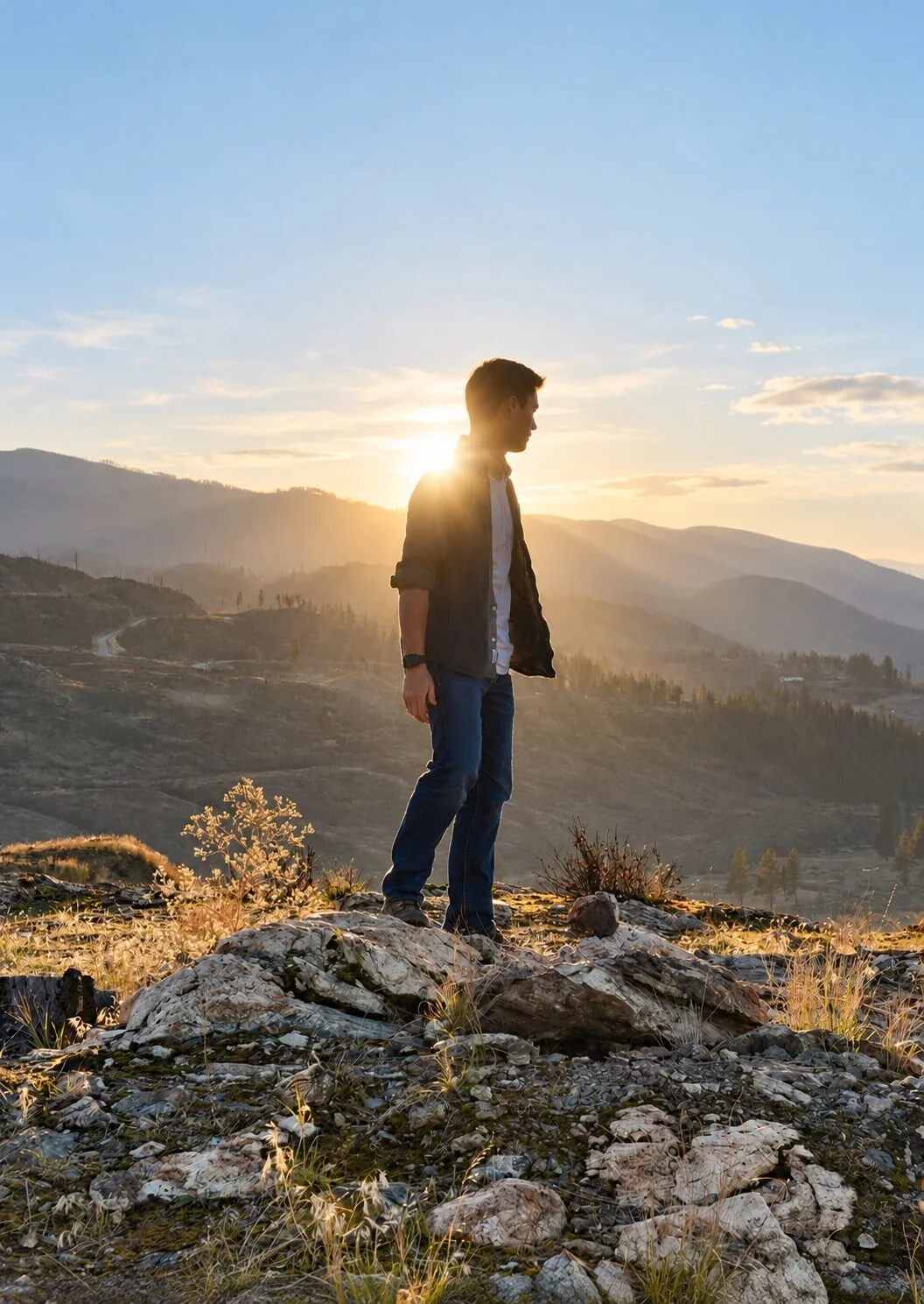 Man standing on a rocky hillside overlooking the mountains