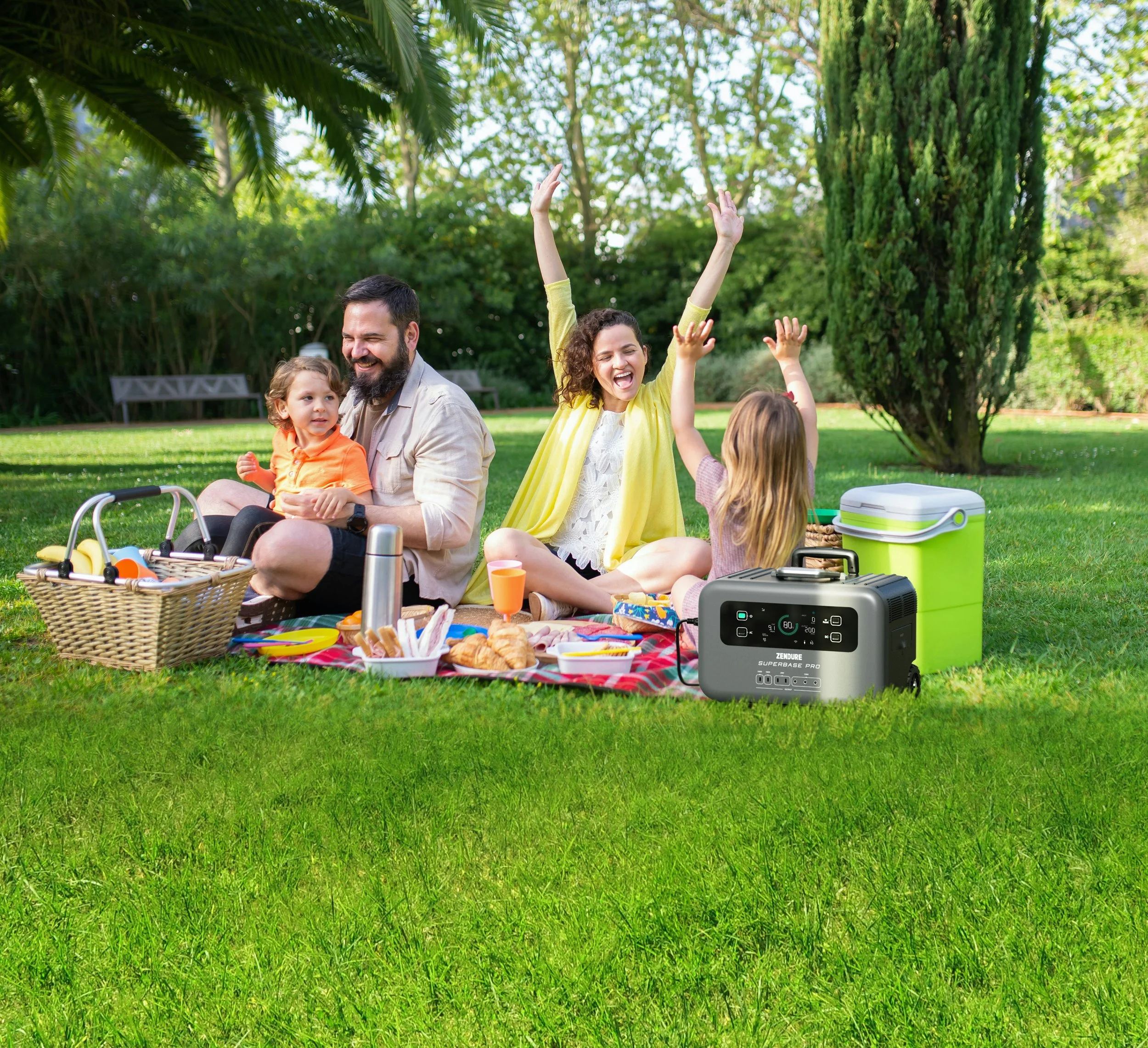 Family with two children enjoying a picnic outdoors