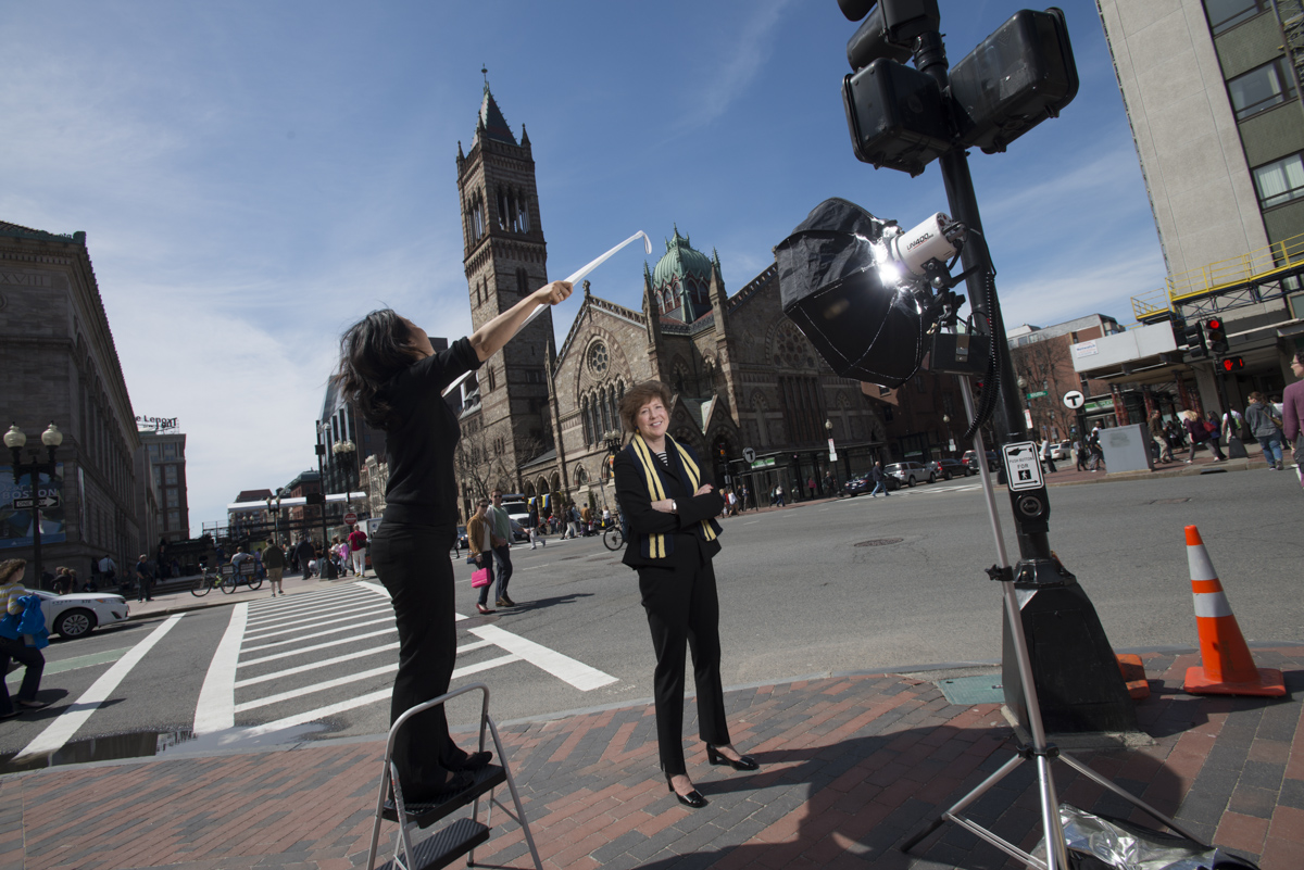  Nancy Taylor, Sr. Minister at South Church ( seen in back), photographed at Copley Sq in Boston, MA for Sports Illustrated. 