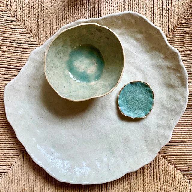 This trio in three shades of green is up for grabs in the preschool fundraiser auction....cheese platter, bowl for olives and the tiny dish for pips is what I&rsquo;m thinking 🍸
.
.
.
#greenglaze #handbuiltceramics #handmadeceramics #australianceramics