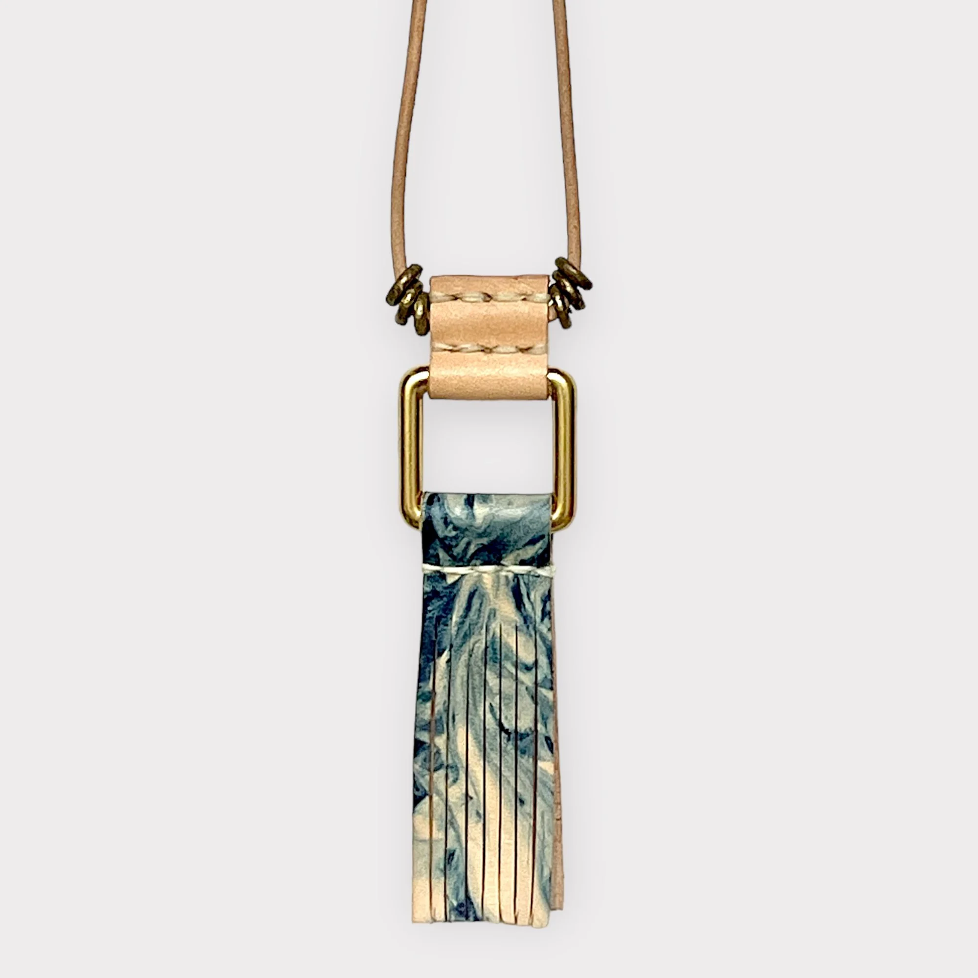 Indigo Tie Dye Leather Fringe Pendant Necklace