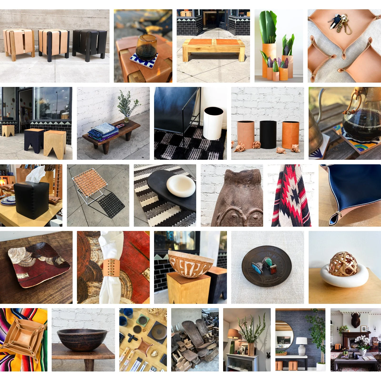 Collage of modern home decor including furniture and accessories such as stools, tables, rugs, vases, planters, leather goods, and decorative bowls.