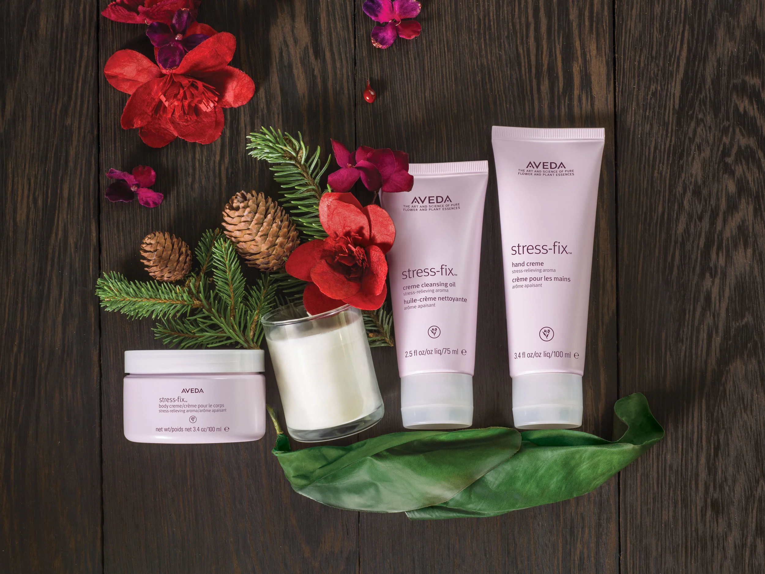 An Escape from Stress is a Gift: $79 stress-fix™ soy wax candle, 75 g stress-fix™ body creme 100, ml stress-fix™ creme cleansing oil, 75 ml stress-fix™ hand creme, 100 ml
