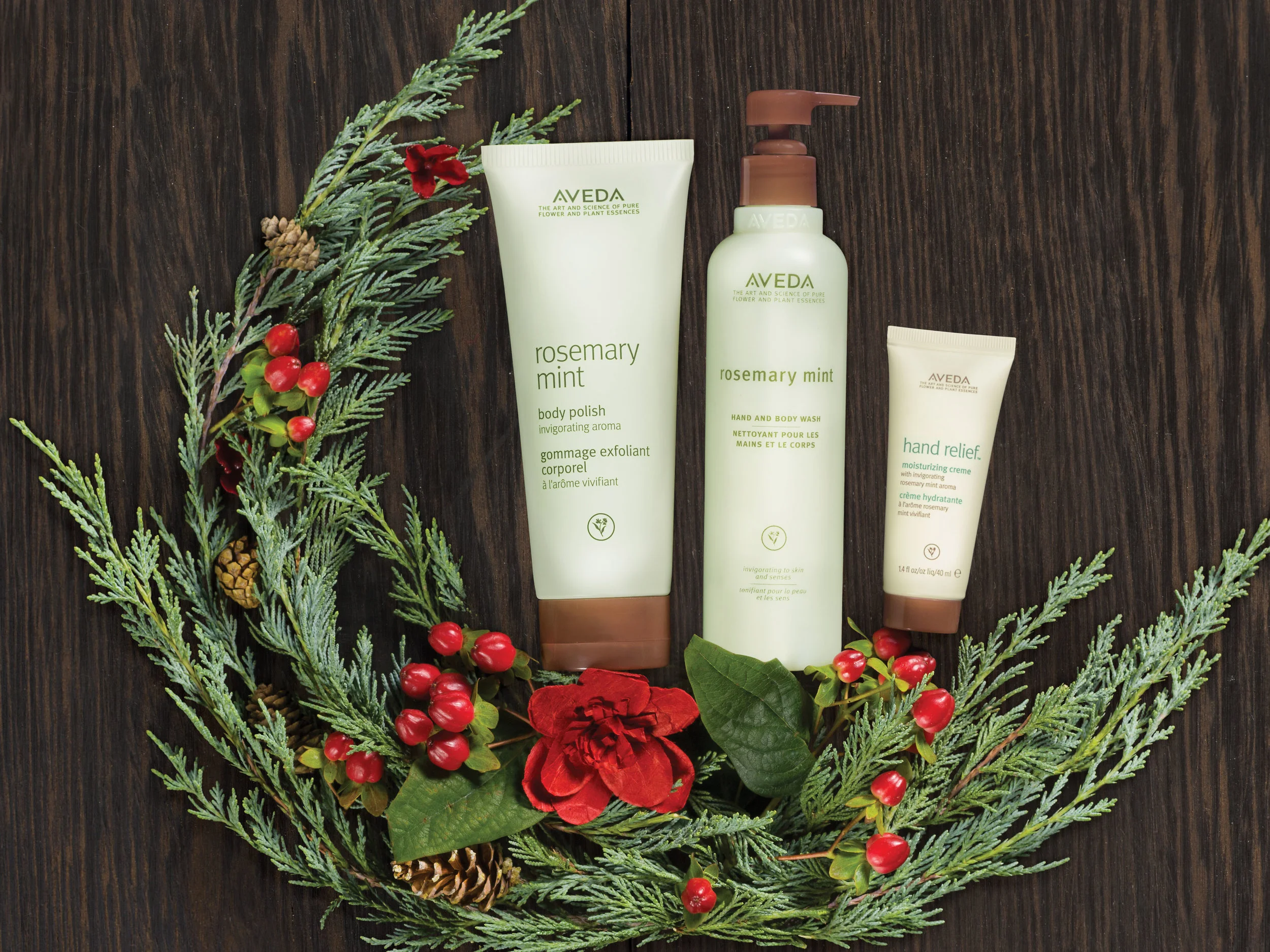 An Invigorating Retreat is a Gift: $64.50 hand relief™ moisturizing creme with rosemary mint aroma, 40 ml rosemary mint body scrub, 200 ml rosemary mint hand and body wash, 250 ml